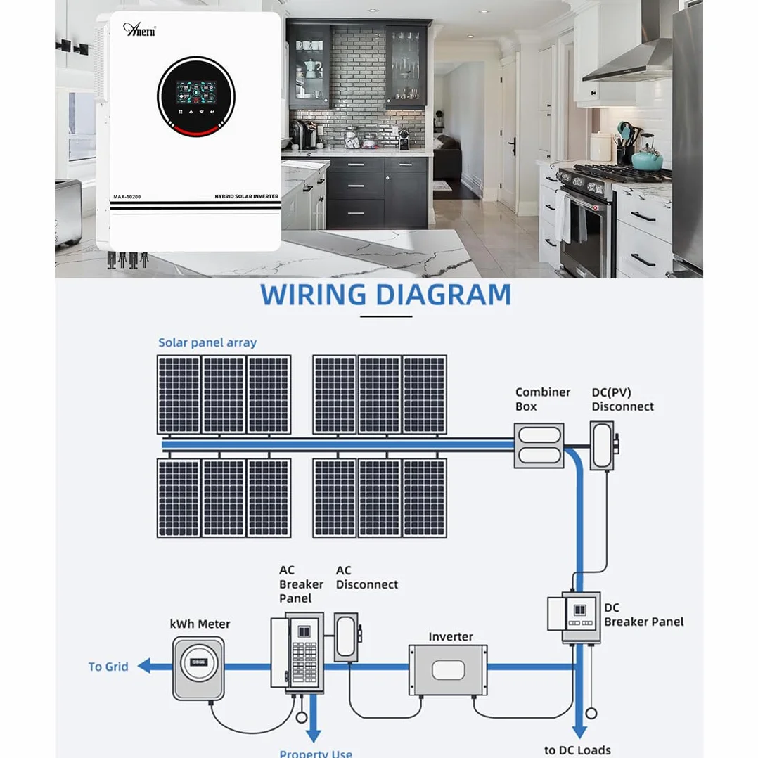 Anern 10.2kw Hybrydowy Falownik Solarny 48VDC do AC 230V z Regulatorem Solarnym MPPT 180A, Wejście PV Max 500V Inwerter Wejście 2PV/Wyjścia 2AC Działa z Bateriami lub Bez