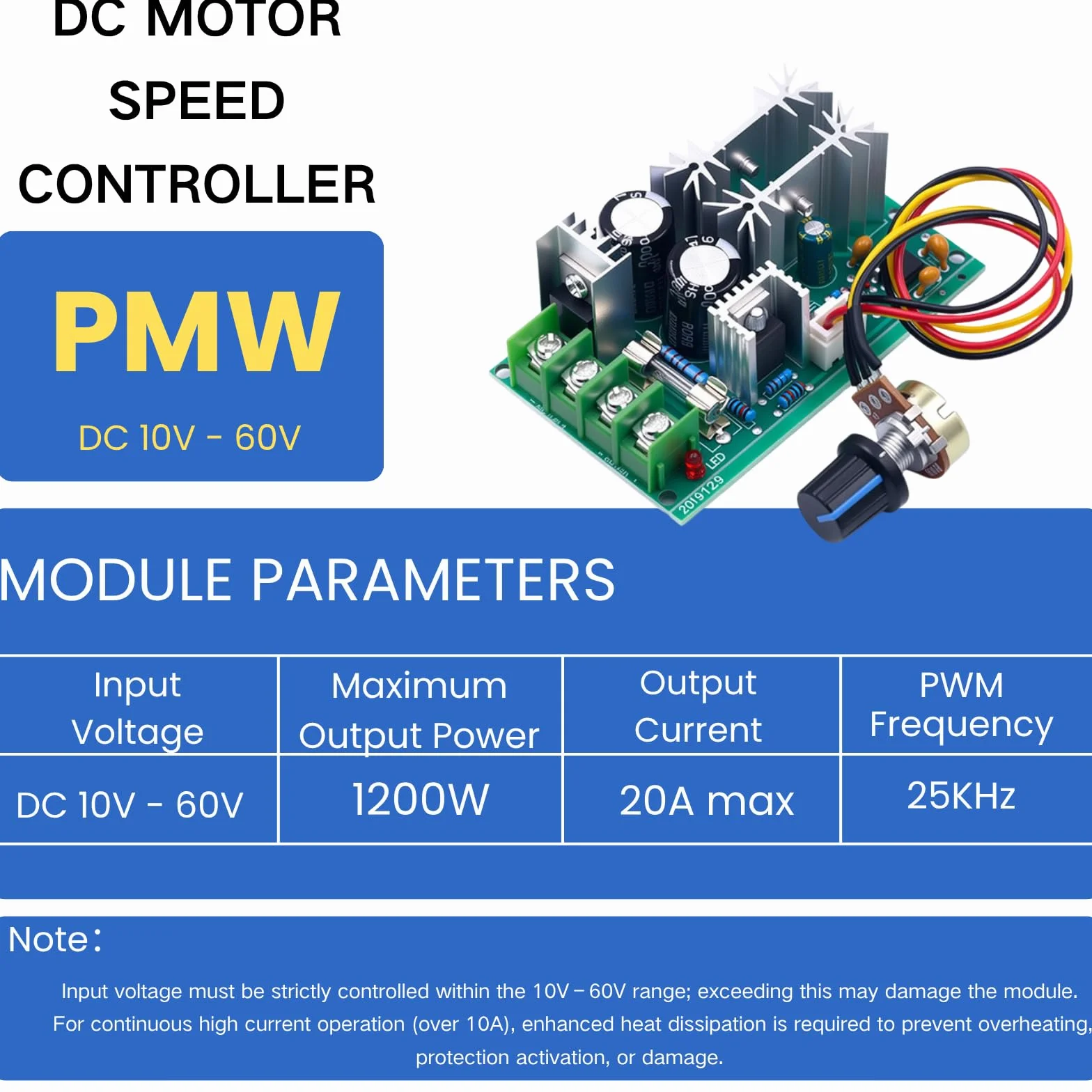 PWM DC sterownik silnika DC 10-60V 20A bezstopniowy regulator prędkości