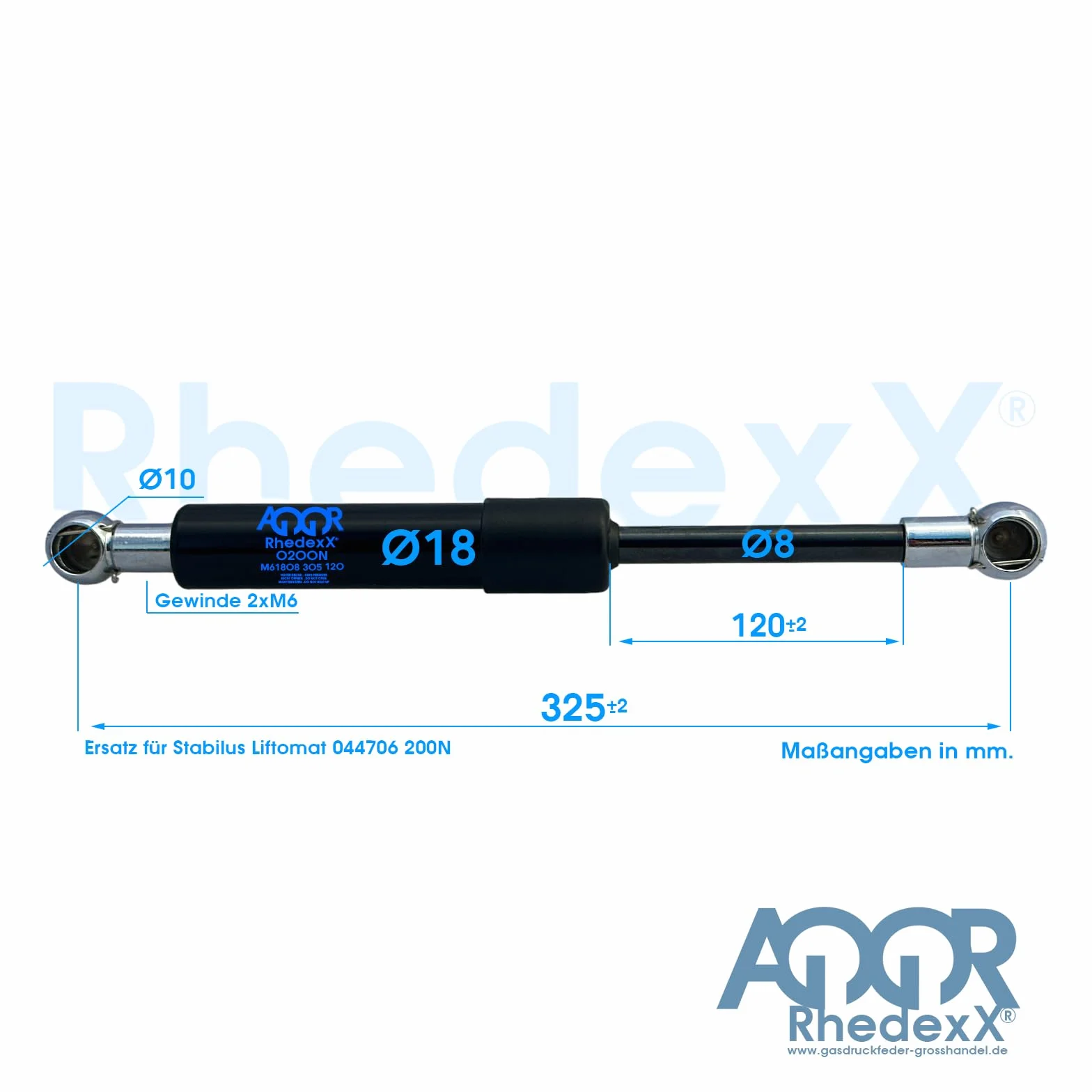 Sprężyna gazowa o długości 325 mm, amortyzator gazowy patelnia kulowa zamiennik do Stabilus Liftomat 044706 200N, skok: 120 mm, moc: 200 N - sprężyna gazowa z kulką M6 (325/120/200N - 044706)