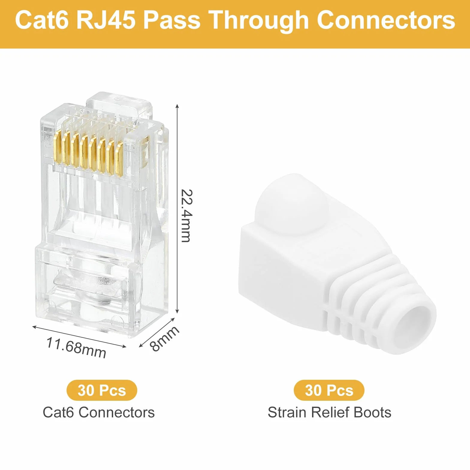 Złącza RJ45 Cat6 Pass Through pozłacane 8P8C 30 szt. z tulejami do kabla Ethernet UTP