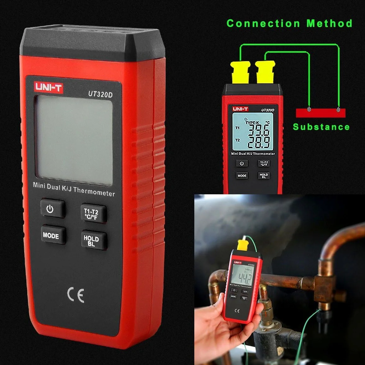 UT320D -50℃ ~ 1300℃ Mini dwukanałowy termometr termoparowy z podświetleniem LCD K/J z sondą