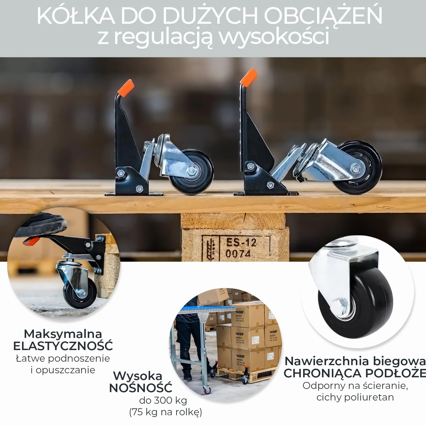 HMF 6750 Rolki do dużych obciążeń, opuszczane, na stół warsztatowy, 4 sztuki, 65 mm, do 300 kg, kolor czarny