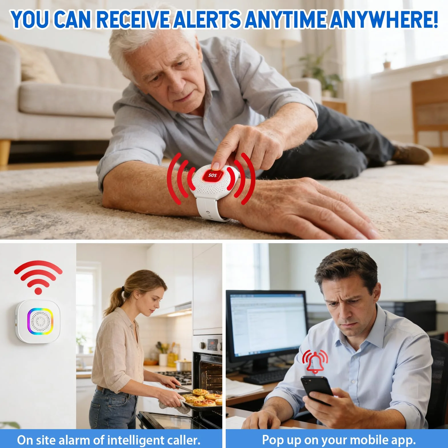 Przycisk alarmowy dla seniorów, przycisk alarmowy SOS, WiFi, Tuya Smart Seniorzy, przycisk alarmowy dla starszych pacjentów, niepełnosprawnych/dzieci (1 x odbiornik + 2 przyciski + 1 x bransoletka)