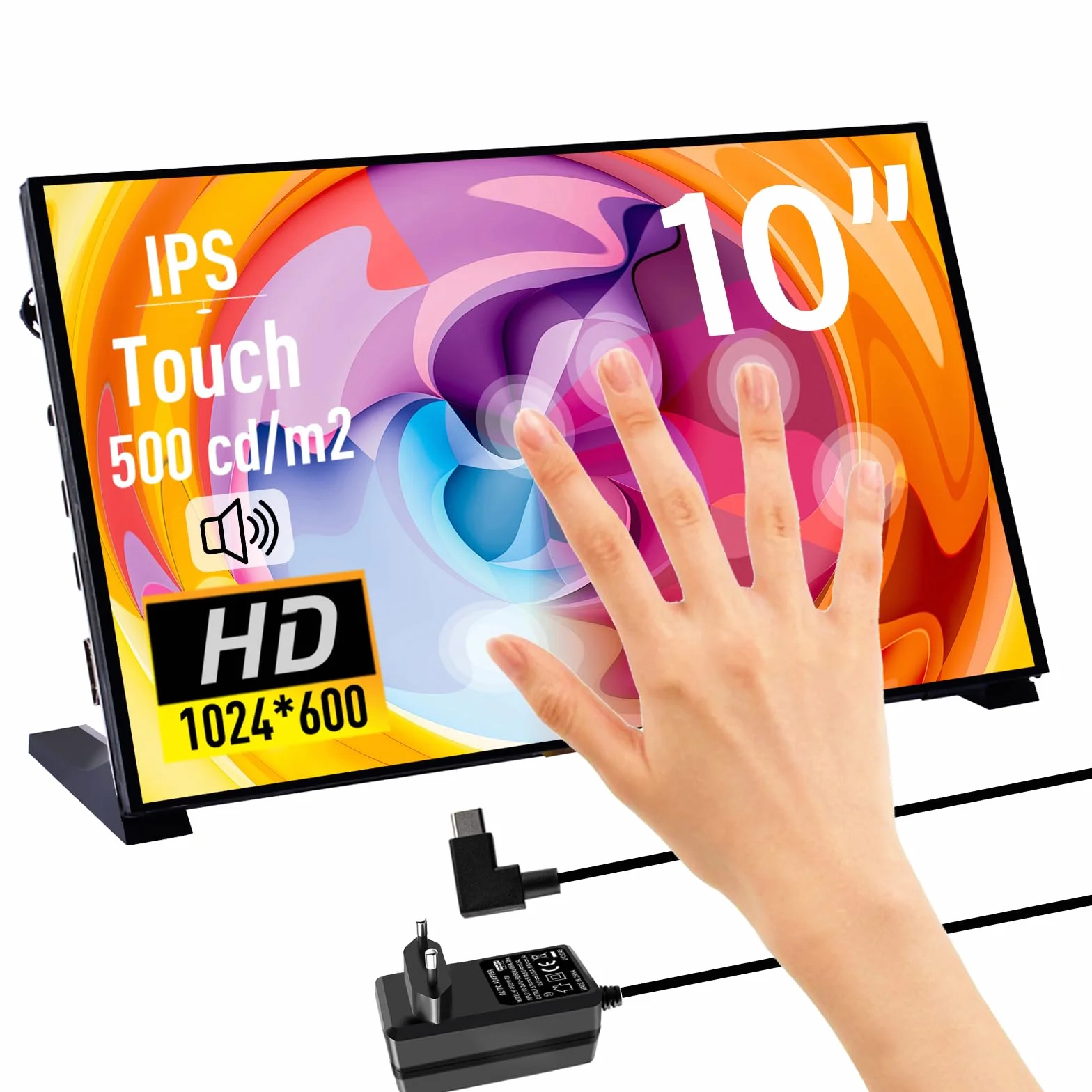 GeeekPi 10,1 calowy pojemnościowy ekran dotykowy, monitor HDMI IPS 1024x600 Wyświetlacz LCD z podwójnymi głośnikami dla Raspberry Pi 5/4B/3B+/3B, z otworem montażowym do instalacji płyty Raspberry Pi