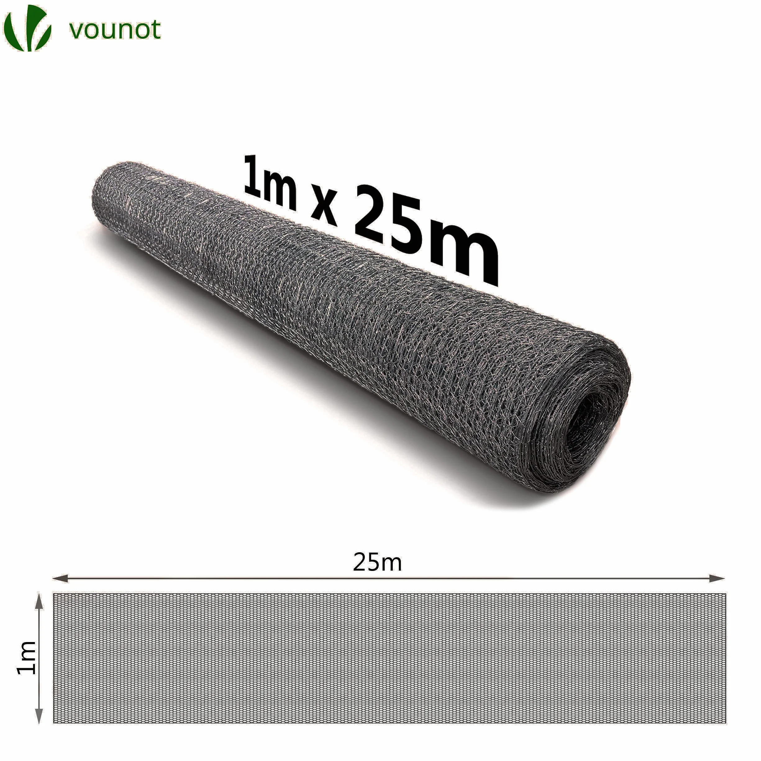 VOUNOT Ogrodzenie z siatki sześciokątnej 13 mm 100 cm 25 m powłoka PCW szary