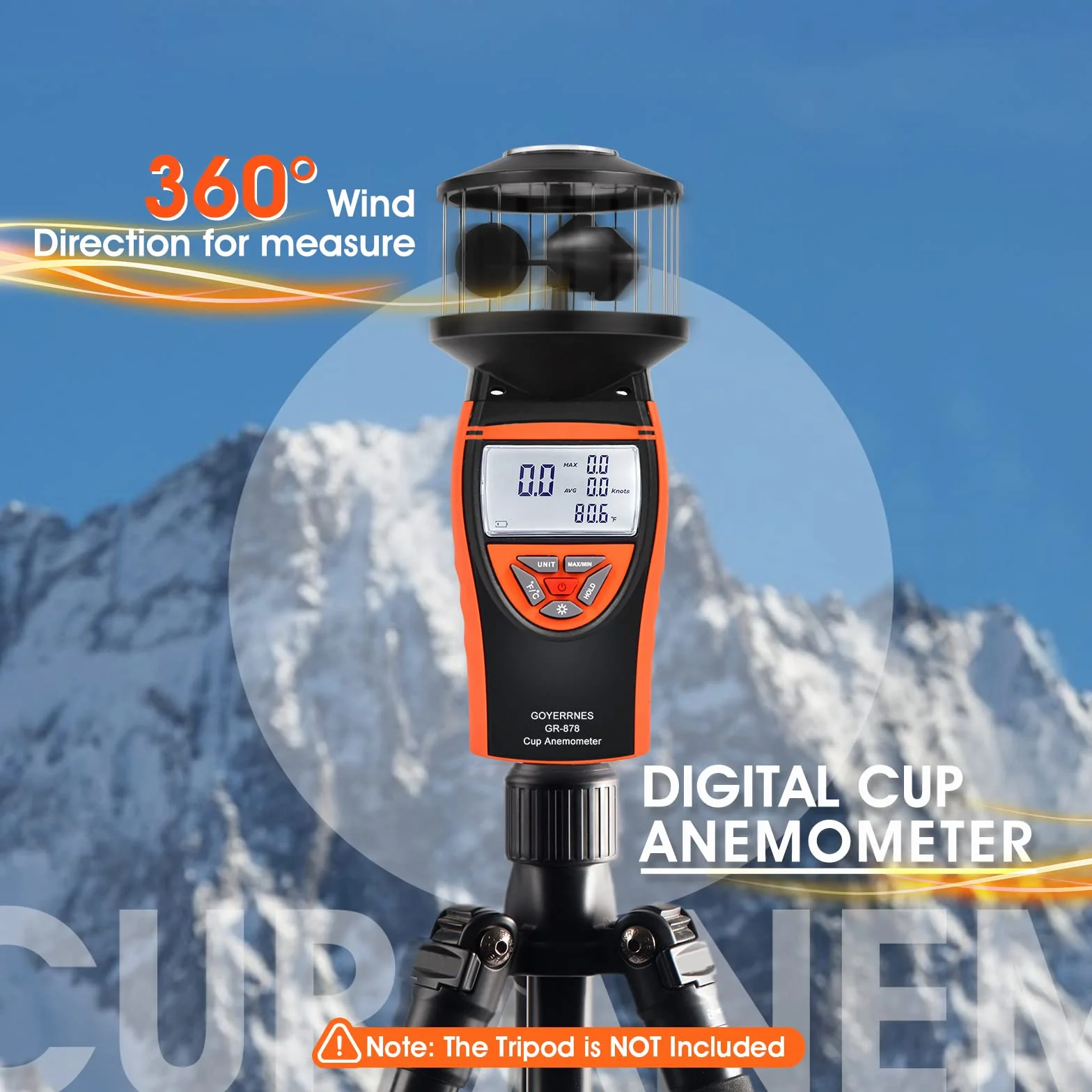 Cyfrowy ręczny anemometr prędkości wiatru, miernik prędkości wiatru GR-878 pokazuje temperaturę wiatru, maksymalną/minimalną/średnią objętość powietrza, prędkość/kierunek wiatru z kompasem
