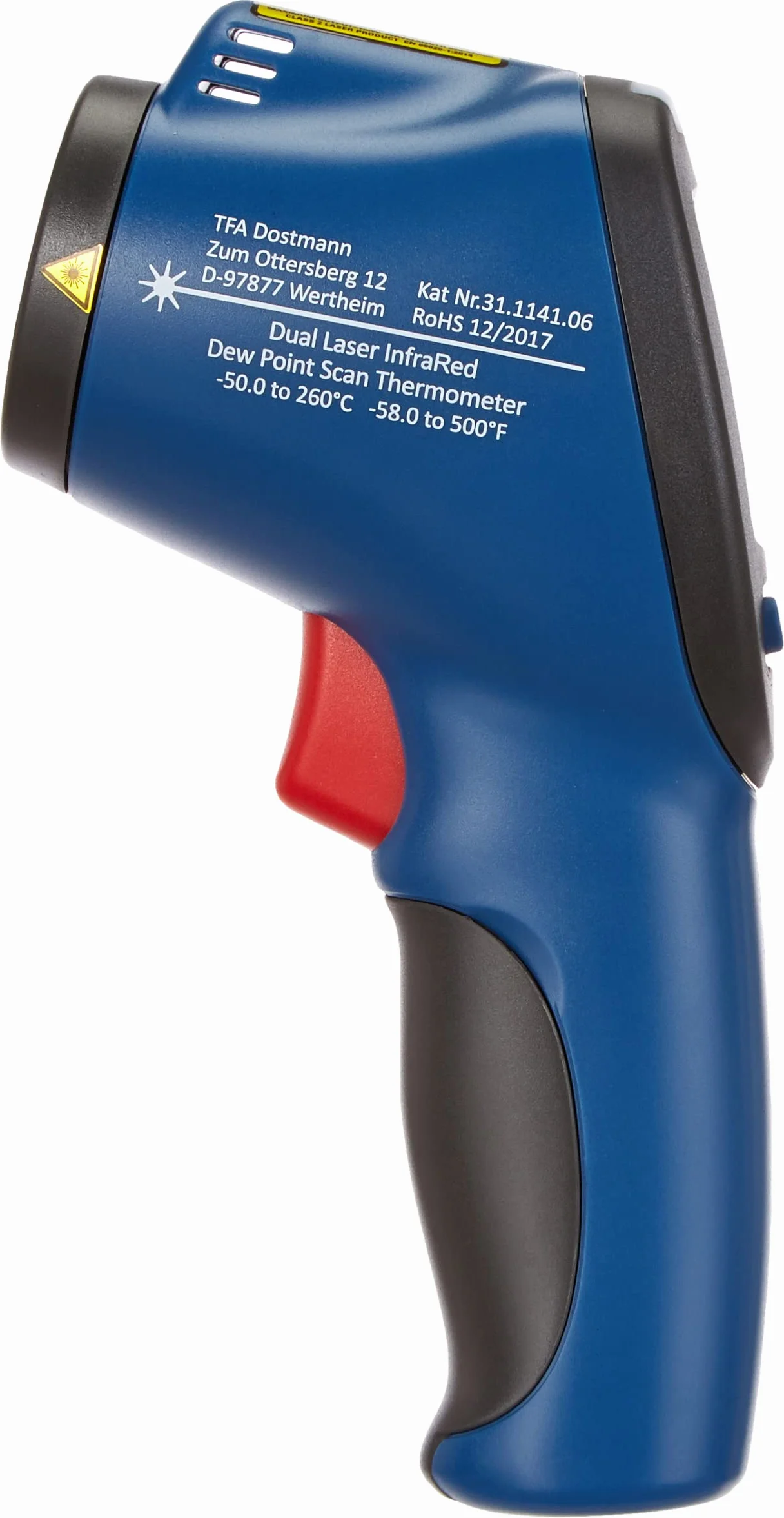 TFA Dostmann Detektor termometr na podczerwień z pomiarem punktu rosy i podwójnym laserem, niebieski, dł. 110 x szer. 72 x wys. 240 mm