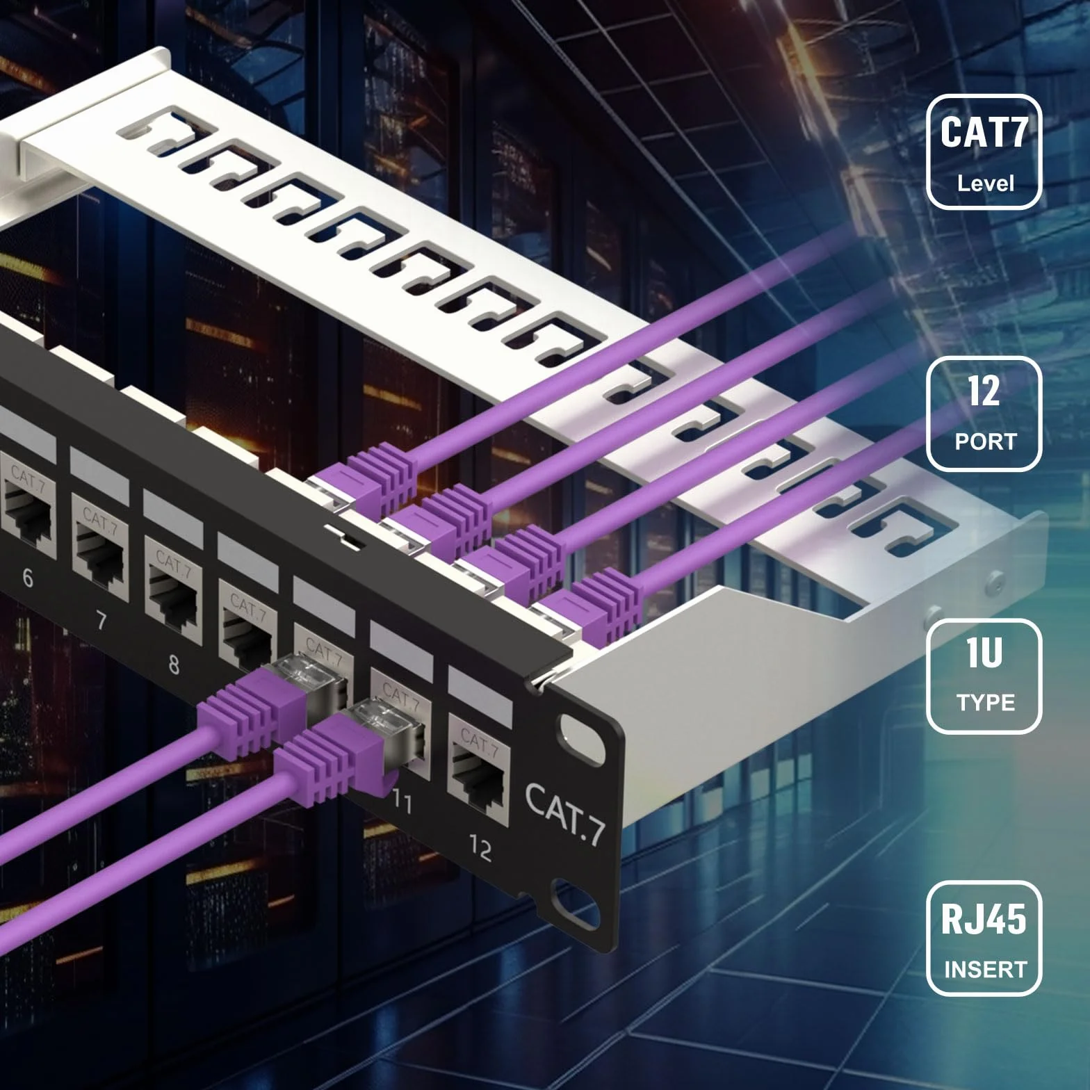 FGB 10 Gbps 1U 12 portów, panel krosowy Cat7, montowany w stelażu, panel krosowy RJ45, ekranowany łącznik Keystone z listwą tylną, okablowanie 1U Inline Keystone, do przełączników sieciowych Gigabit