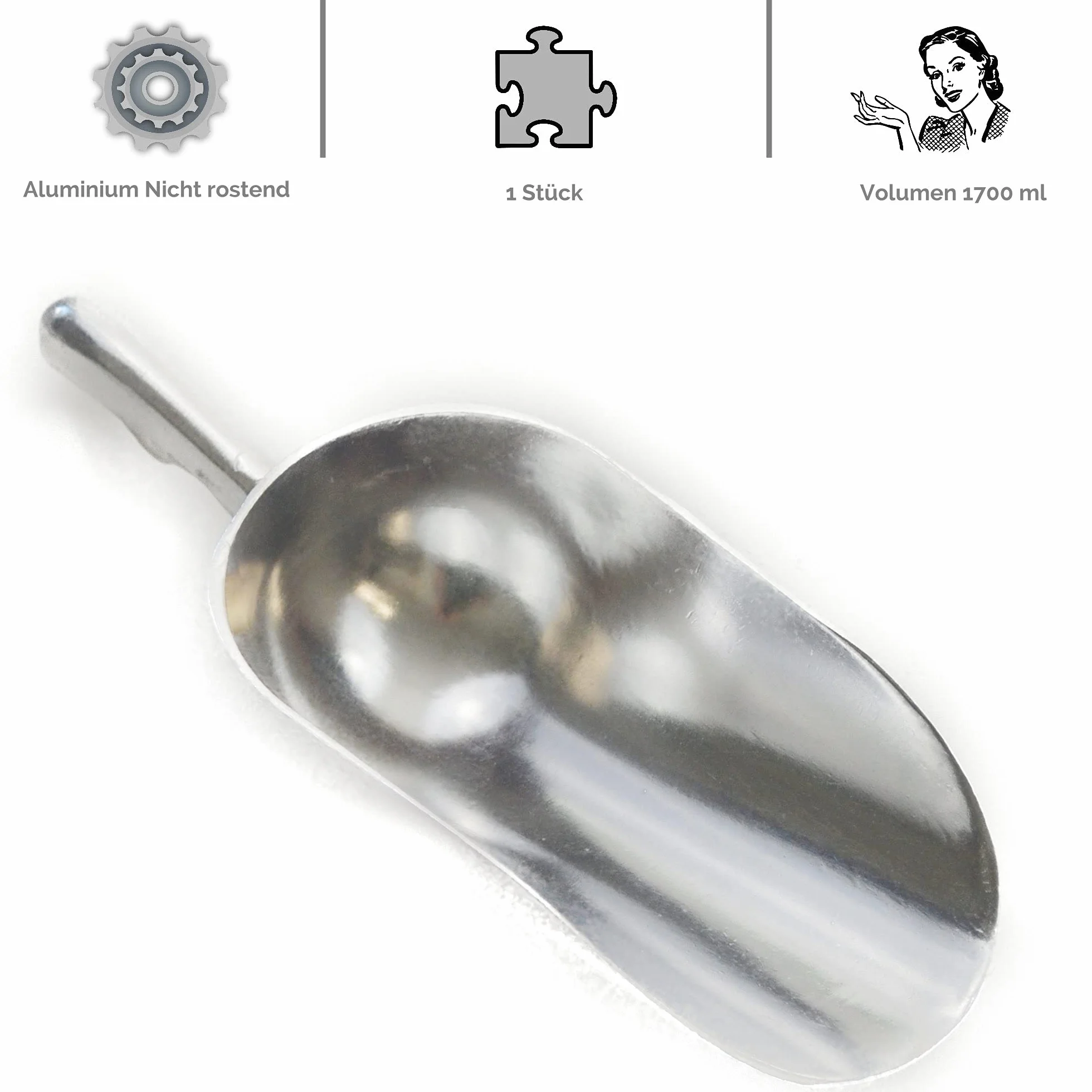Kerafactum Poręczna szufelka do karmy, mąki, cukru, szufelki z aluminium, odlew aluminiowy, karma dla zwierząt, 1700 ml