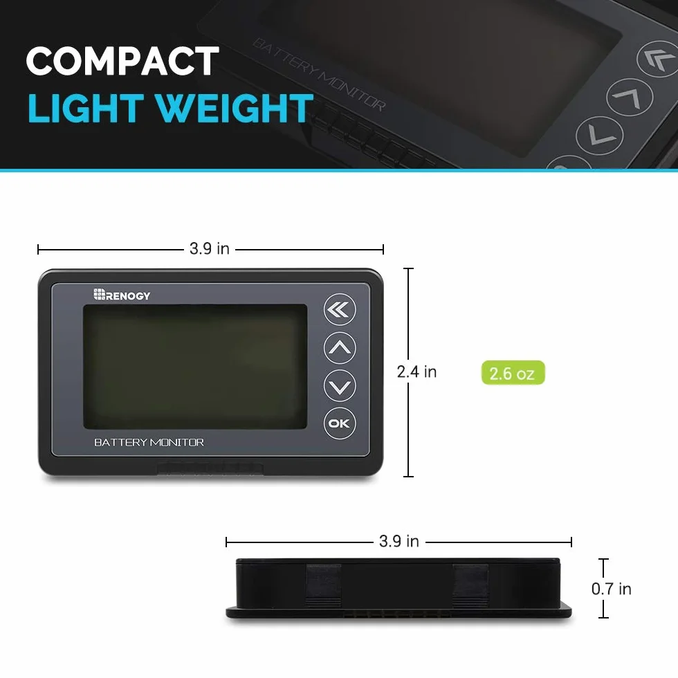 Renogy Czujnik baterii 500 A 12 V 24 V 36 V 48 V monitor baterii programowalny alarm napięcia LiFPO4 AGM żelowe