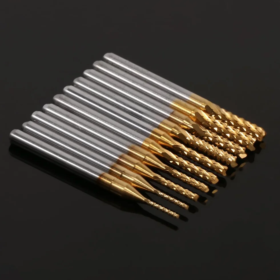 10 szt. frezów trzpieniowych powlekanych tytanem, zestaw frezów z węglika spiekanego CNC, grawerowanie, bity, rzeźbienie, narzędzia, 1,0-3,0 mm