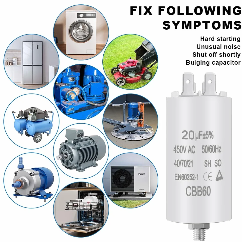 OFFCUP CBB60 Kondensator rozruchowy, 20μF 450V Kondensator silnika Złącze 50/60 Hz do pompy basenowej klimatyzator silniki i wentylator 100 x 41 mm