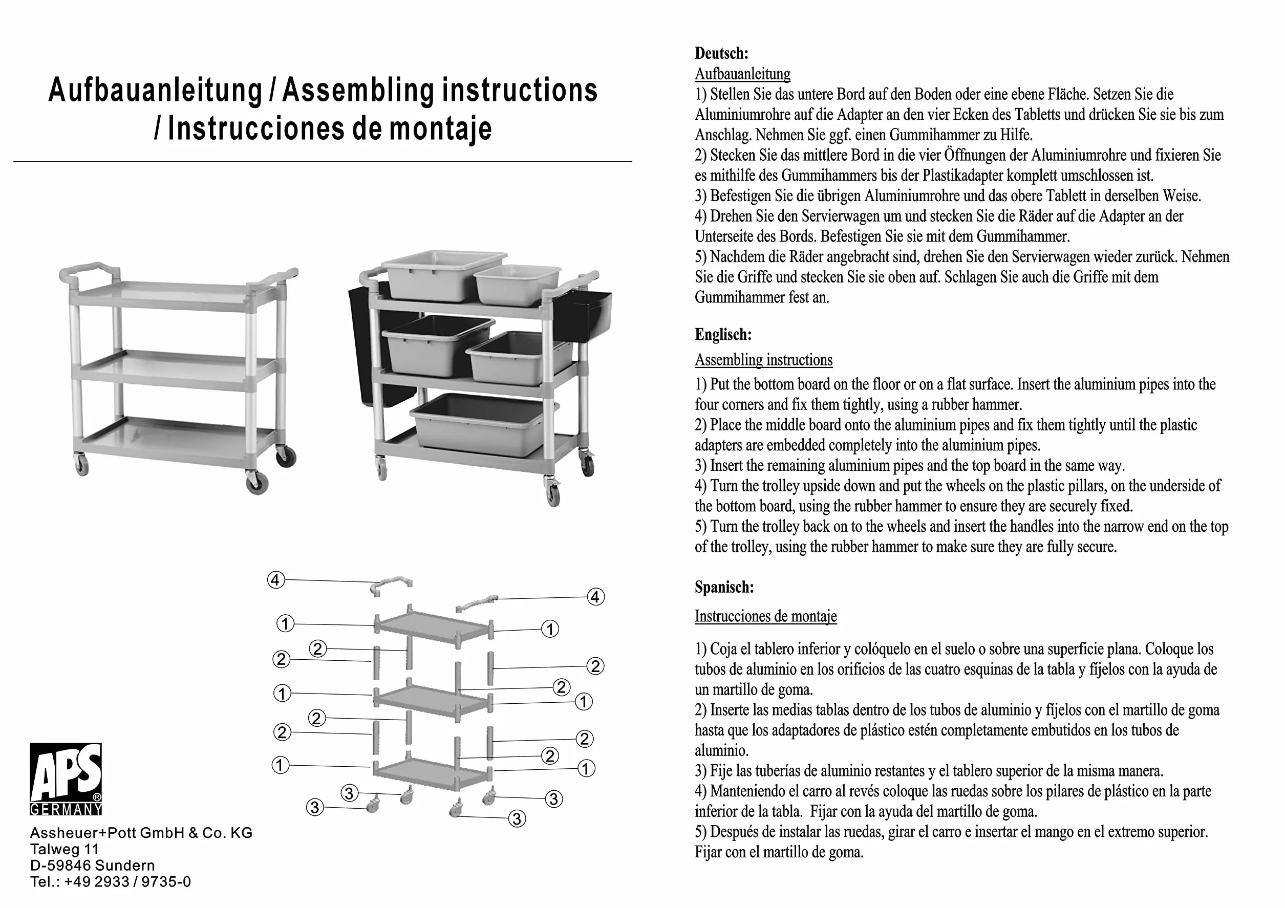 APS Wózek do serwowania/transportu aluminiowa rama, 3 półki, odstęp na półkę 31 cm, 4 kółka skrętne z blokadą, nośność 80 kg na półkę, łącznie 240 kg, zdemontowany, łatwy montaż, bez pojemnika