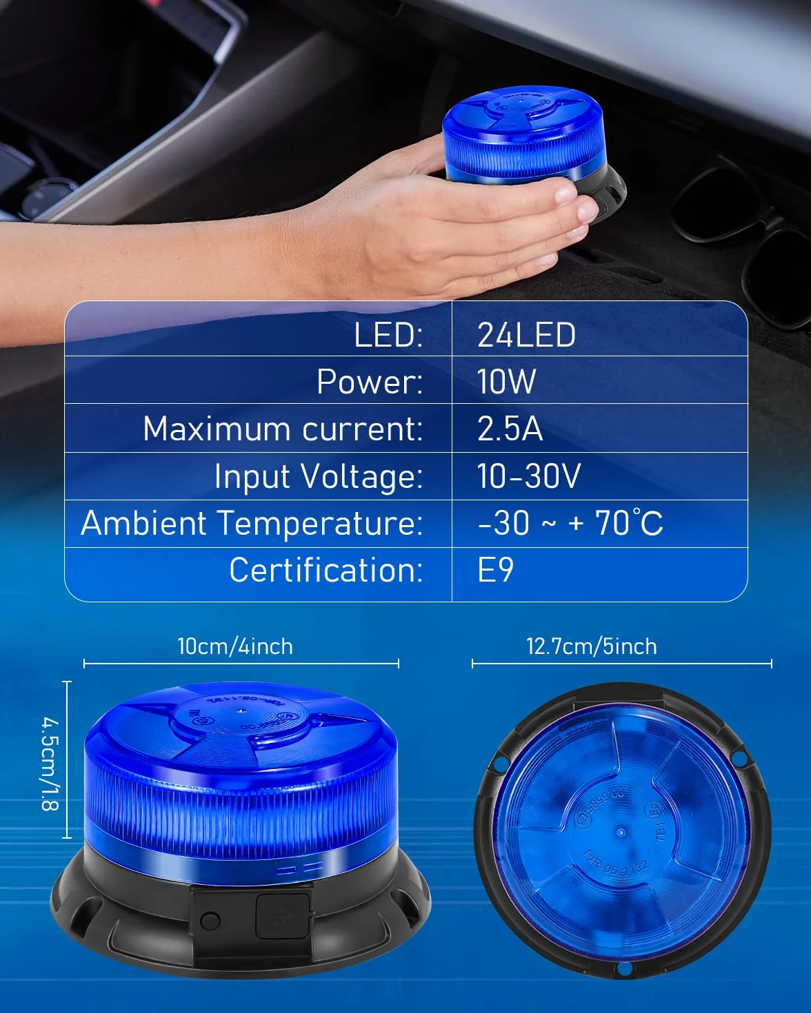 Dinfu Niebieskie światło ostrzegawcze LED 12V akumulator z pilotem 9 trybów magnes