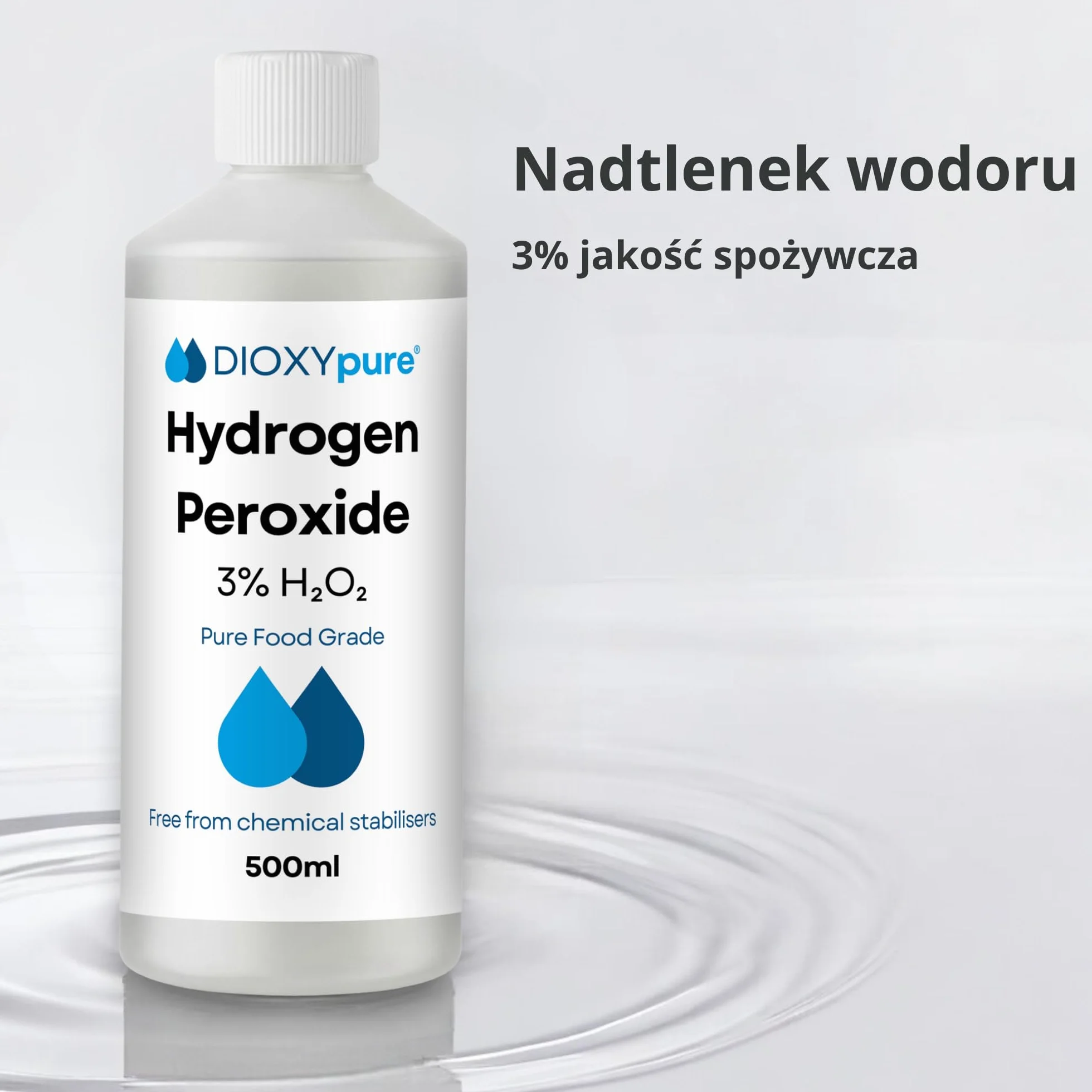Nadtlenek wodoru spożywczy 3% - 500 ml - H2O2 - nadtlenek wodoru - bez stabilizatorów i dodatków - Wielofunkcyjny naturalny środek czyszczący - Nakrętka zabezpieczająca dla dzieci