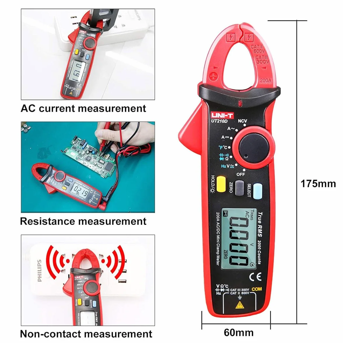 UNI-T UT210D seria UT210 Mini zacisk miernika, 200A AC/DC, 600 V AC/DC, 60 kHz, -40°C-1000° C/-40°F-1832°F