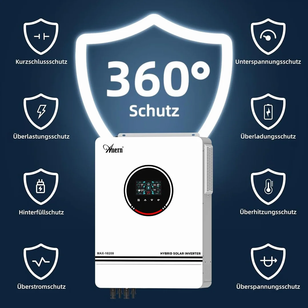 Anern 10.2kw Hybrydowy Falownik Solarny 48VDC do AC 230V z Regulatorem Solarnym MPPT 180A, Wejście PV Max 500V Inwerter Wejście 2PV/Wyjścia 2AC Działa z Bateriami lub Bez