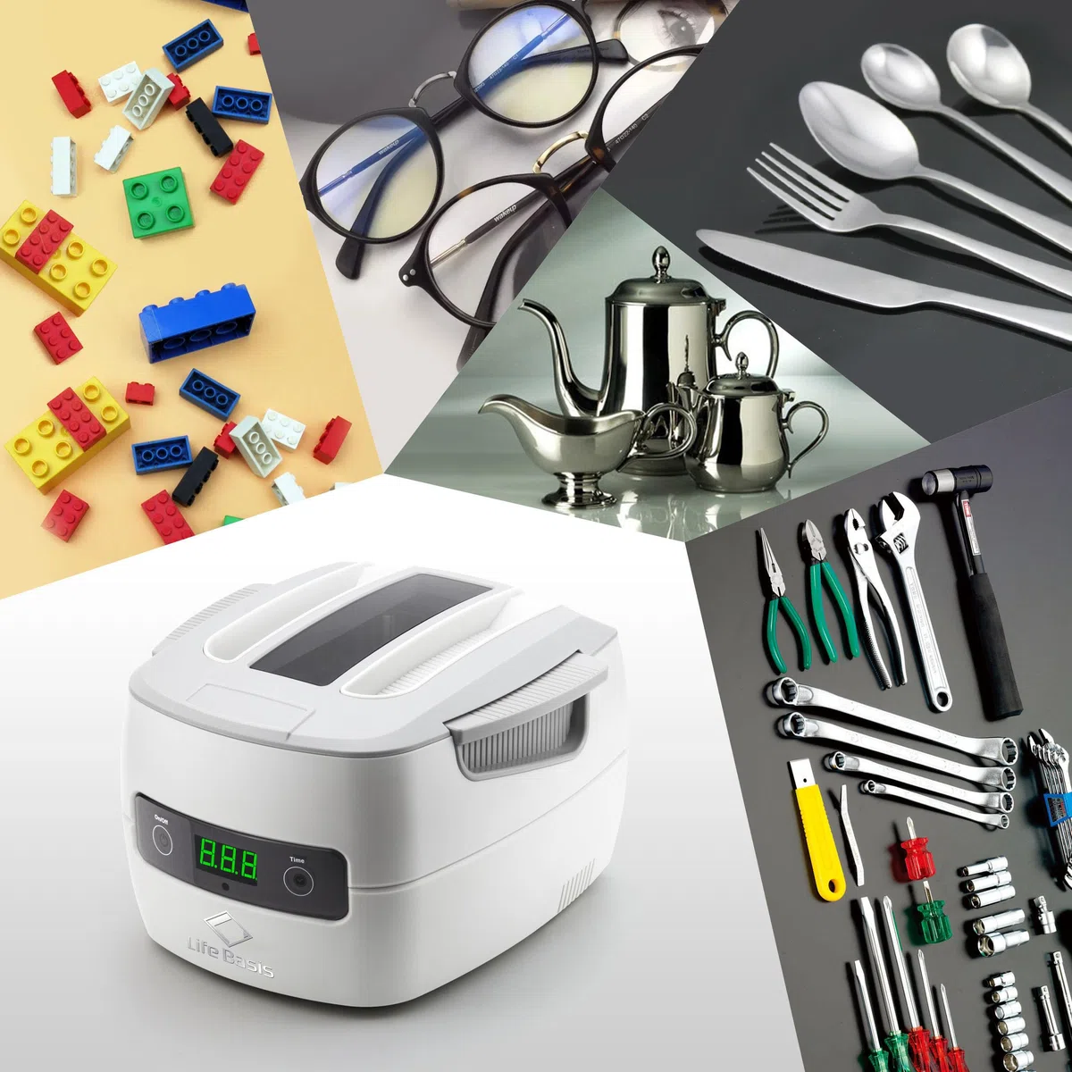 LifeBasis Myjka ultradźwiękowa 1400 ml 60 W Czyszczenie ultradźwiękowe z 5 ustawieniami czasu, Profesjonalna myjka ultradźwiękowa do biżuterii, okularów, wkładów atramentowych i części narzędzi