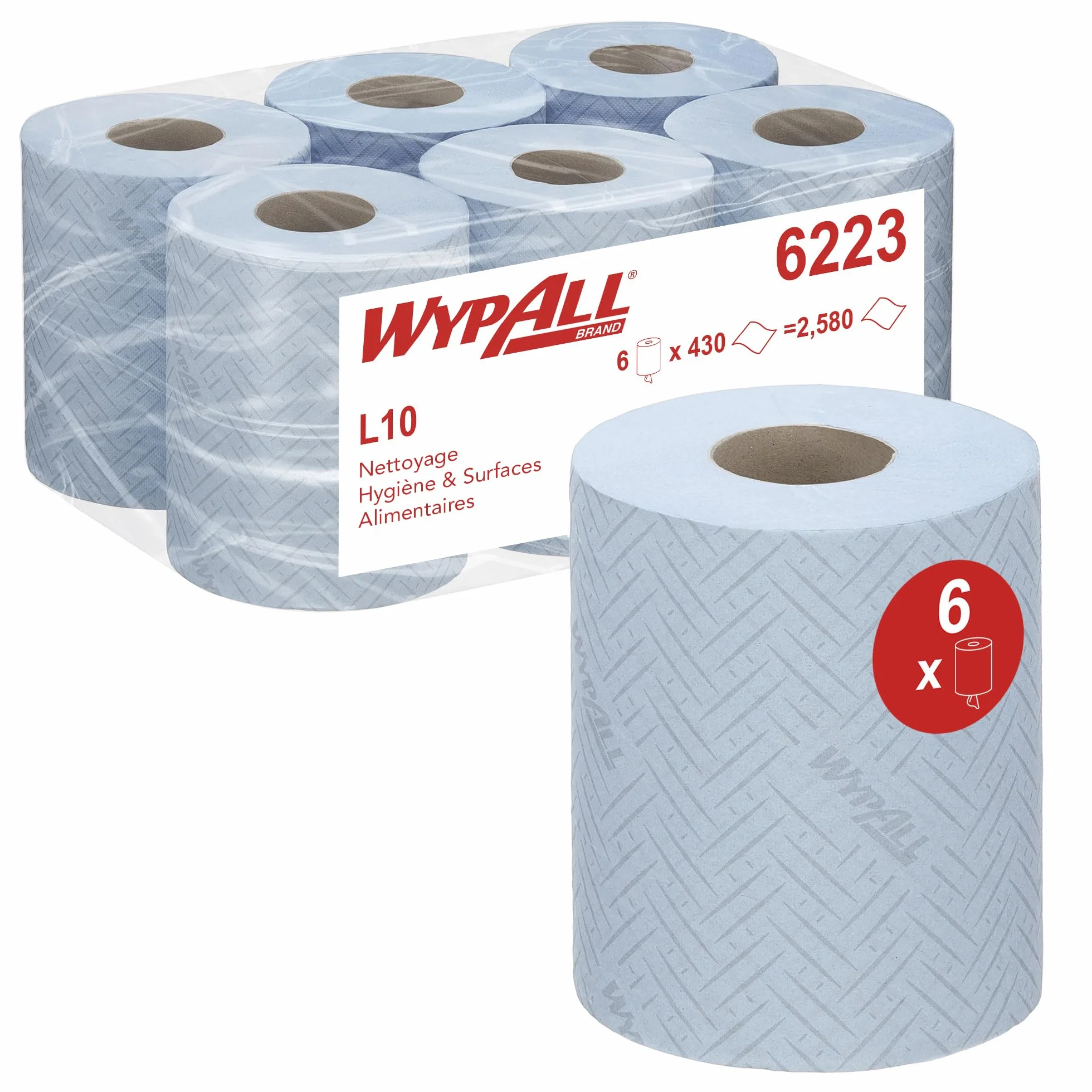 WypAll L10 Papier do wycierania żywności i higieny 1-warstwowa rolka centralnego podawania 6 sztuk 430 chusteczek