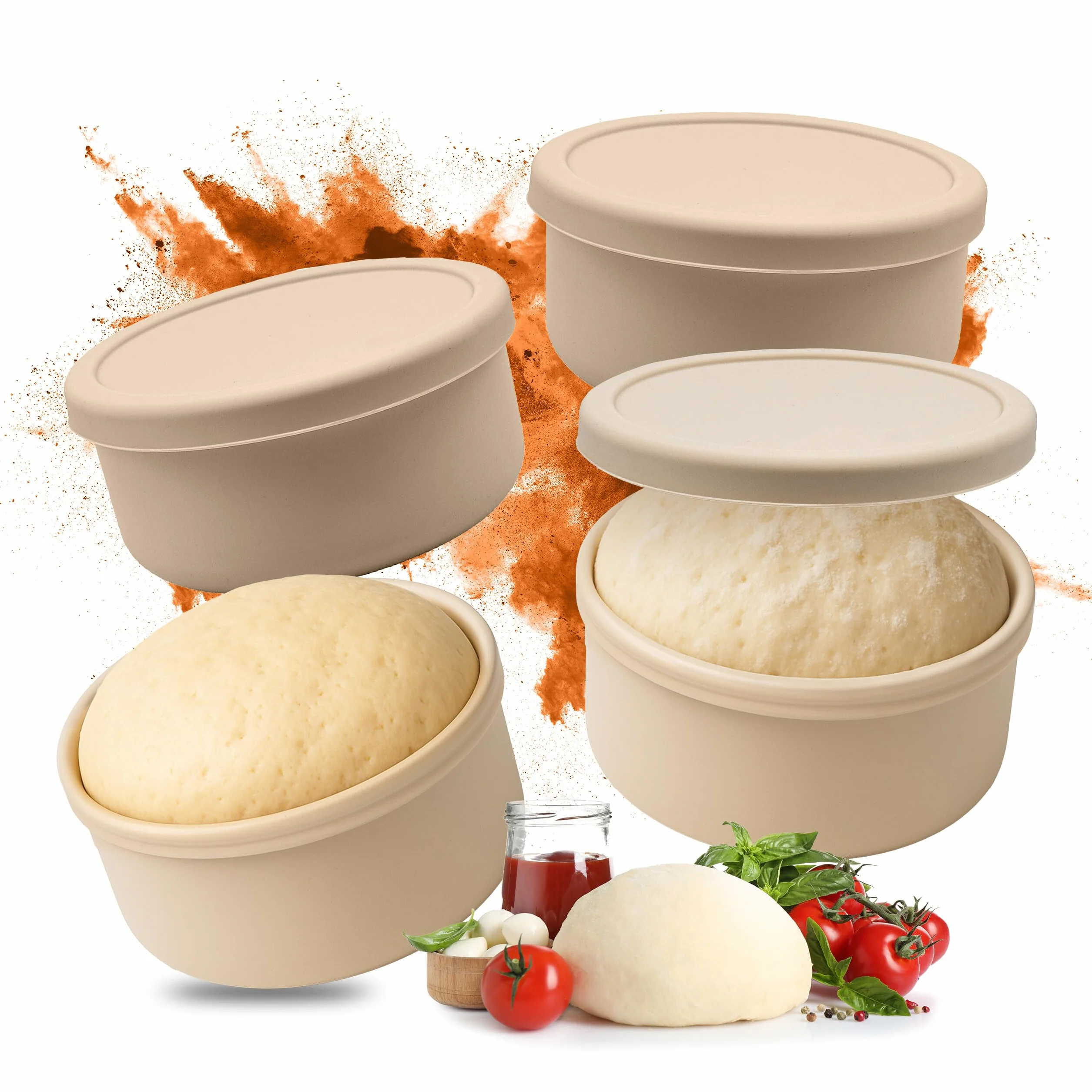 Relaxdays Pudełko na kulki do pizzy, zestaw 4 sztuk, silikon, do 350 g ciasta, odporne na zamrażanie, wys. x śr.: 6,5 x 14,5 cm, pudełko na ciasto z pokrywką, beżowe