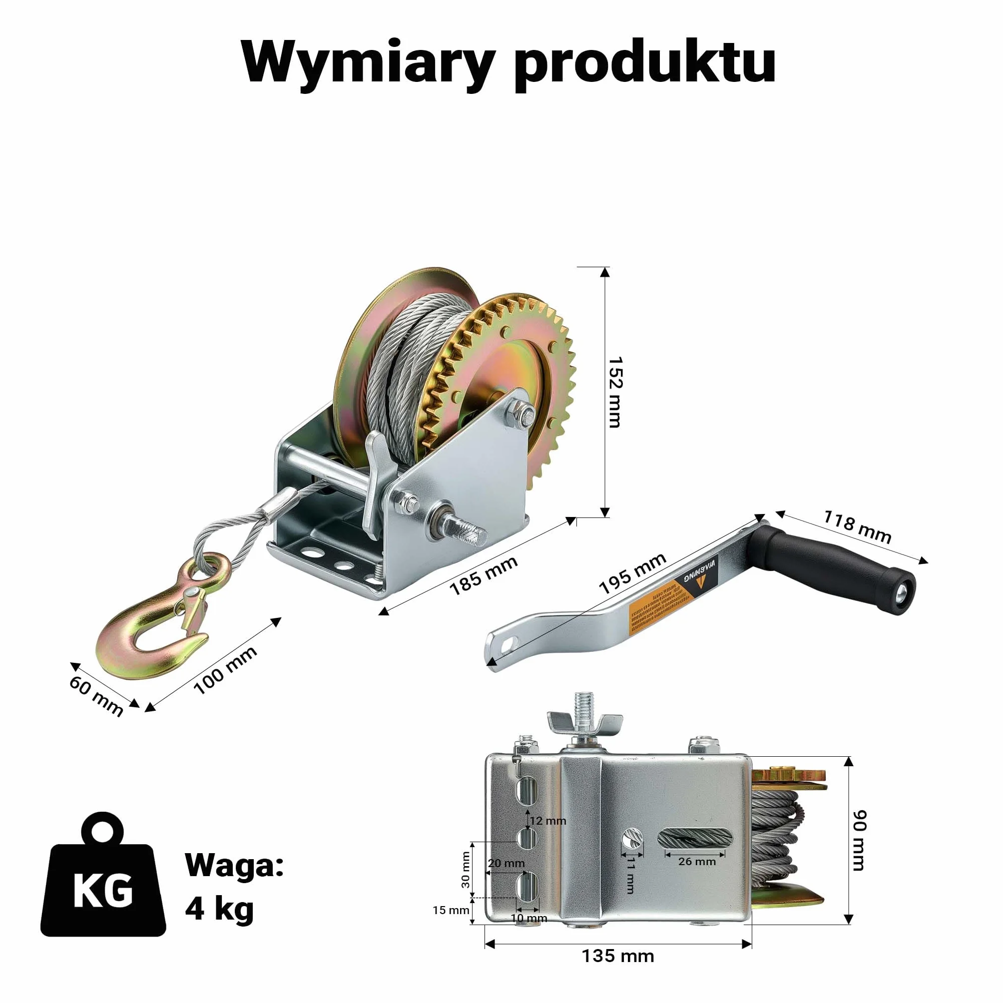 Wiltec Wyciągarka ręczna linowa stalowa 720 kg, lina 10 m, ocynkowana wciągarka ręczna z przełożeniem 4:1 do prac budowlanych, warsztatowych i leśnych
