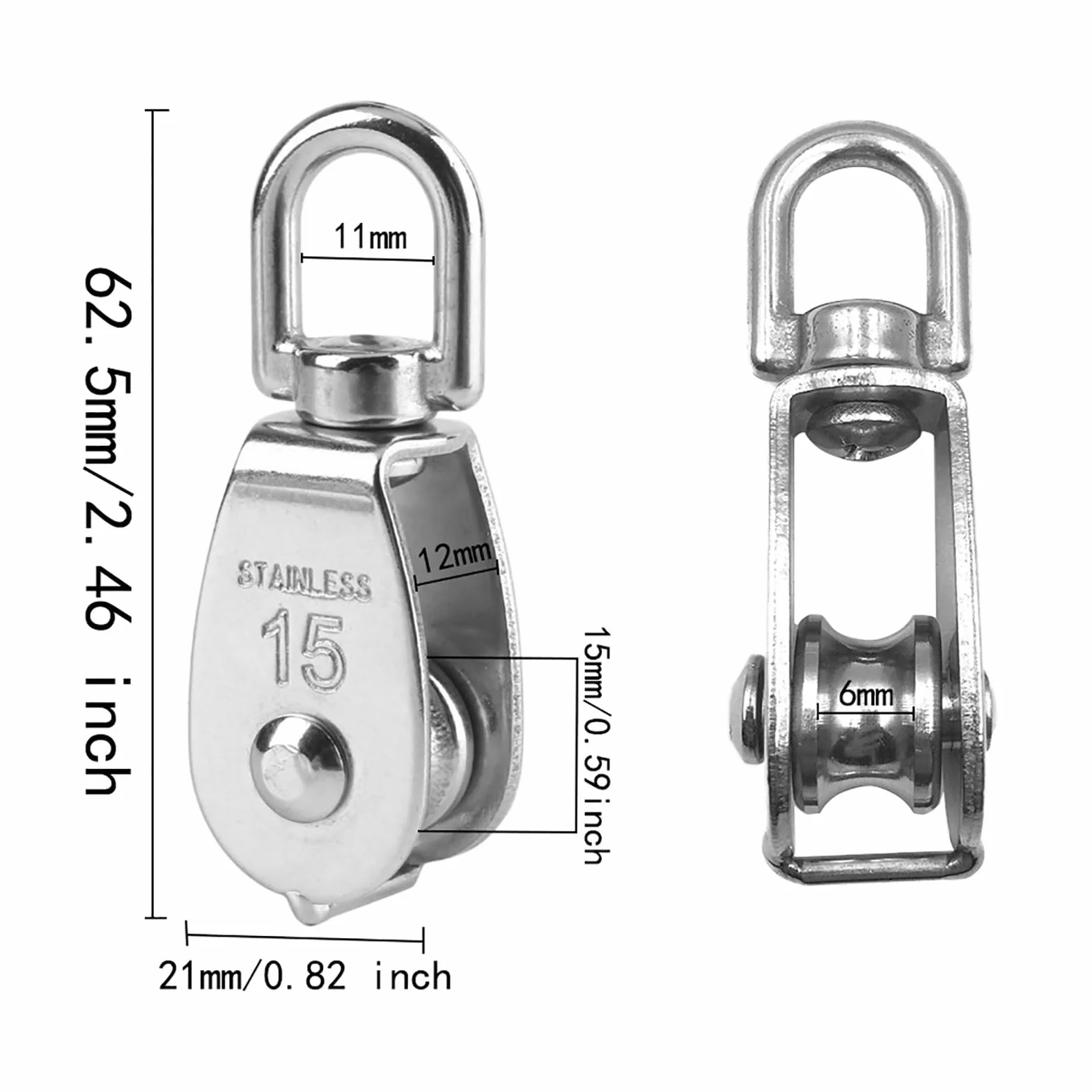 4 sztuki 15 mm pojedynczy blok koła pasowego Heavy Duty Rolka ze stali nierdzewnej 304 nadaje się do liny lub sznurka do użytku wewnątrz i na zewnątrz, obciążenie 35 kg - srebrny