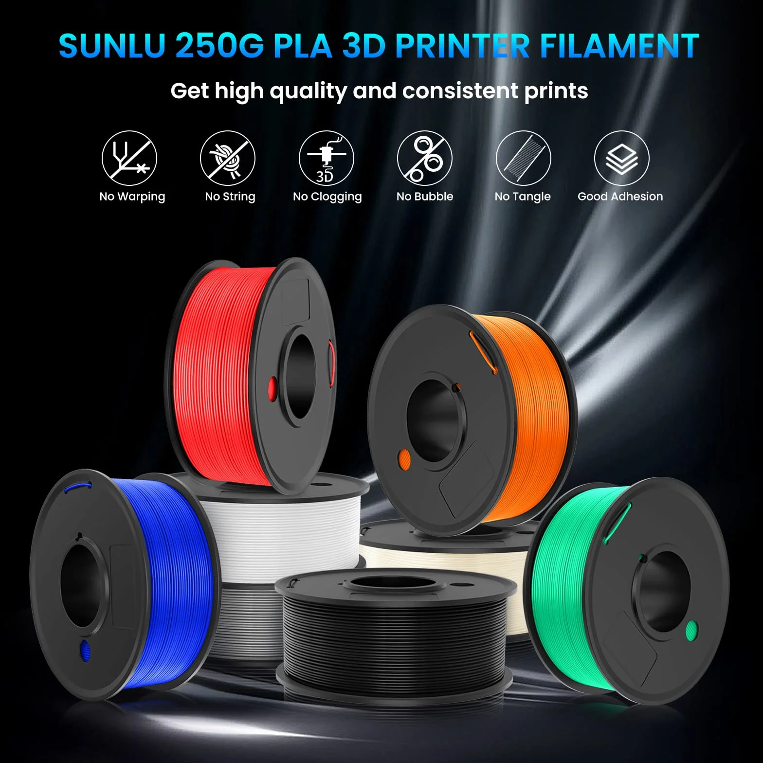 SUNLU Zestaw filamentów do drukarki 3D PLA, 1,75 mm, łącznie 2 kg, szpula 0,25 kg, 8 szpul po 250 g, czarny, przezroczysty, żółty, niebieski, zielony, fioletowy, czerwony, pomarańczowy
