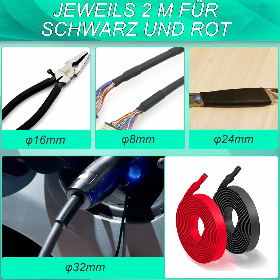 2 sztuki węży termokurczliwych 4:1, średnica 8 mm i długość 2 m, węże termokurczlowe z klejem, wodoodporne i izolacyjne, węże termokurczlowe na metr na izolacje kabli, znakowanie, wiązanie kabli