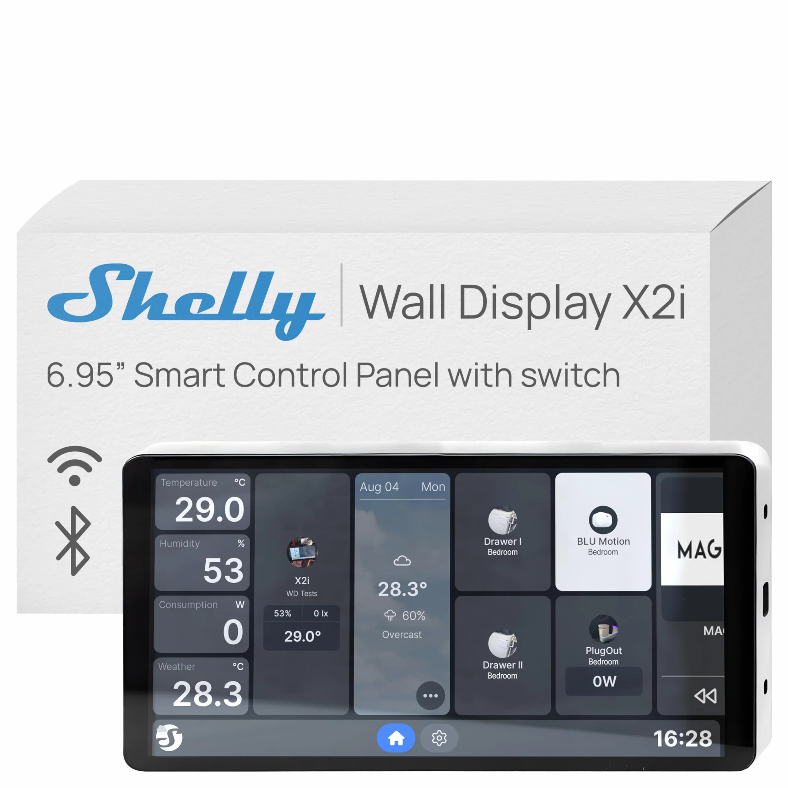 Shelly Wyświetlacz ścienny X2i srebrny - inteligentny panel sterowania WiFi, termostat, wbudowany przekaźnik 5A, wymaga neutralnego, czujnika jasności i zbliżeniowości (LUX), głośników stereo, Alexa i