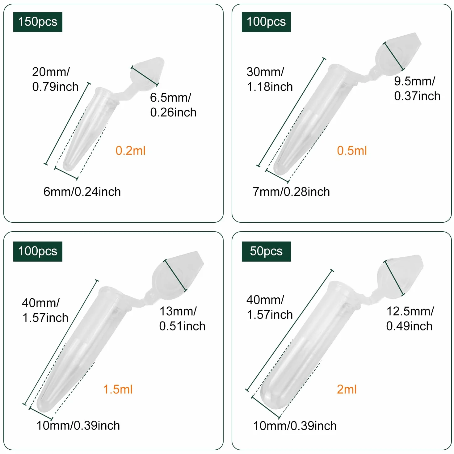 400 sztuk w czterech rozmiarach 0,2 ml, 0,5 ml, 1,5 ml, 2 ml, plastikowa probówka wirówka z końcówką, mikroprobówki laboratoryjne stożkowe wirówki przezroczyste