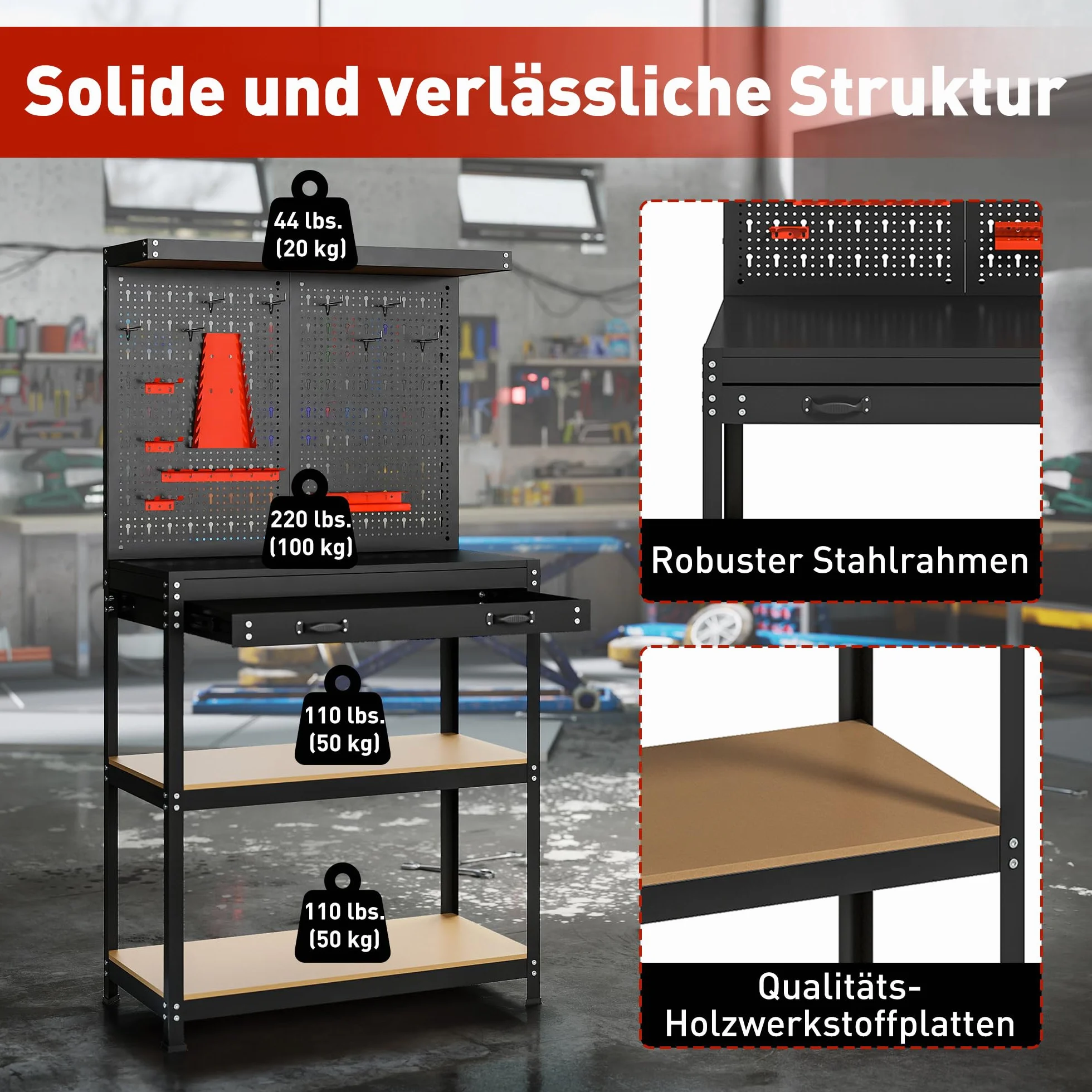 HOMCOM Stół warsztatowy 80 x 40,5 x 155 cm, stół narzędziowy z perforowaną ścianką, haczykami, szufladą, 2 półkami, stół roboczy, nośność 240 kg, stół warsztatowy z metalu, do warsztatu, czarny