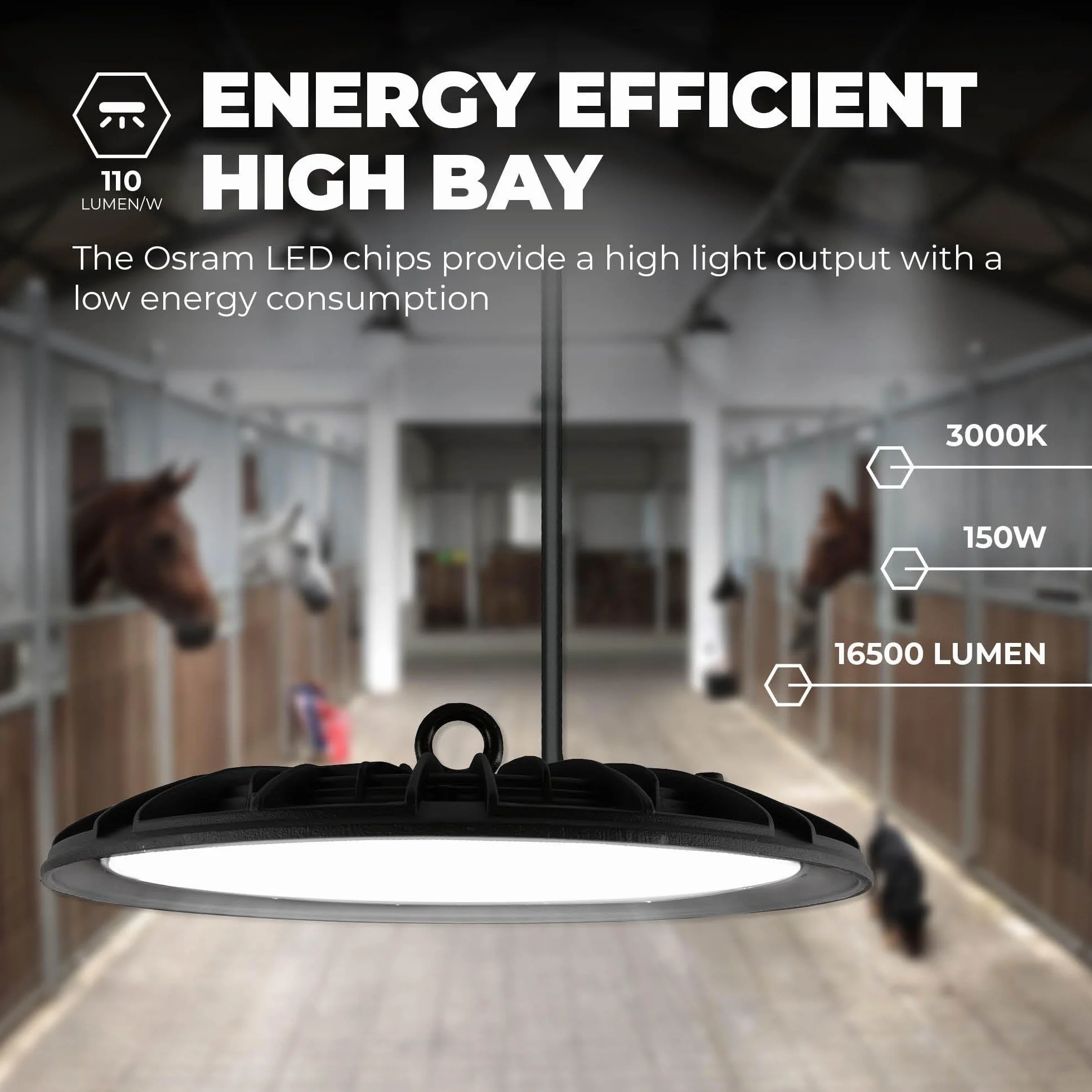 Ledvion Energooszczędny czujnik LED High Bay, 150 W, 110 lm/W, 22 000 lumenów, 3000 K, IP65, możliwość ściemniania, profesjonalna lampa UFO