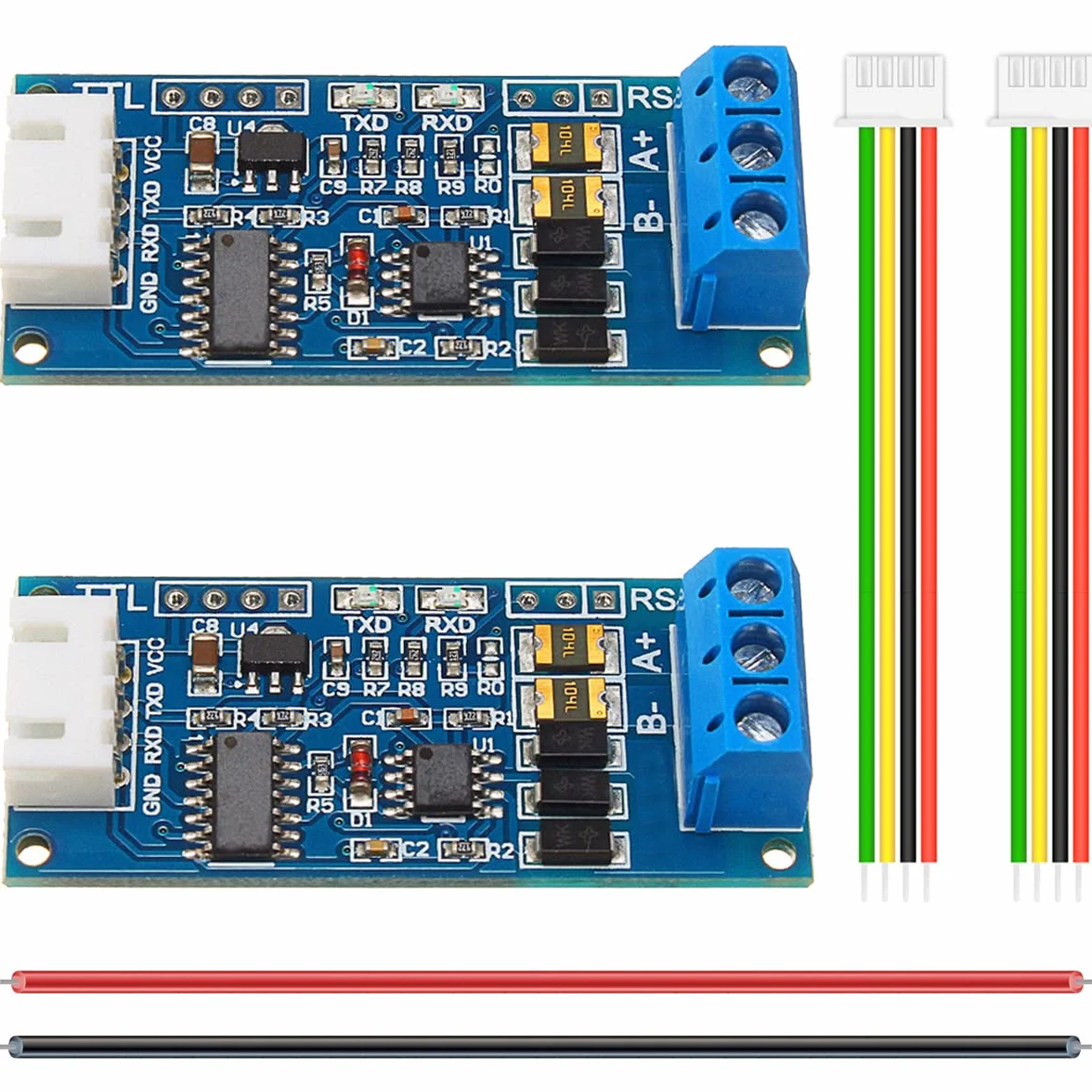 2 szt. TTL do RS485 Moduł adaptera sprzętowego automatycznego przepływu karty sterującej RS485 do 3,3 V 5 V Sygnały portu szeregowego z RXD TXD ze wskaźnikami świetlnymi, z kablem 24AWG
