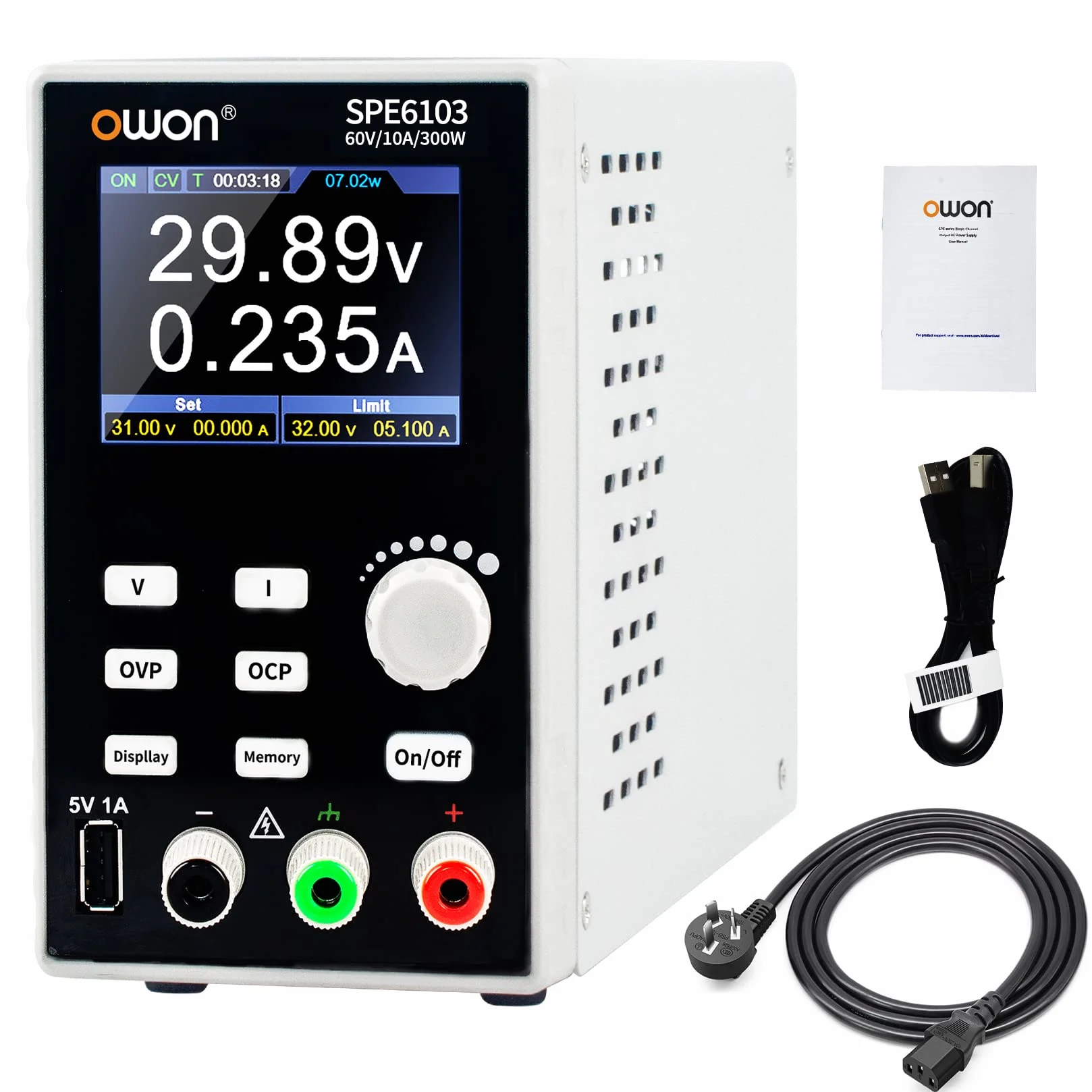 OWON SPE6103 Programowalny zasilacz laboratoryjny (0-60V 0-10 A), 300w Zasilacz stołowy DC 2,8-calowy wyświetlacz LCD, jednokanałowe wyjście z oprogramowaniem komputerowym i ładowaniem przez USB