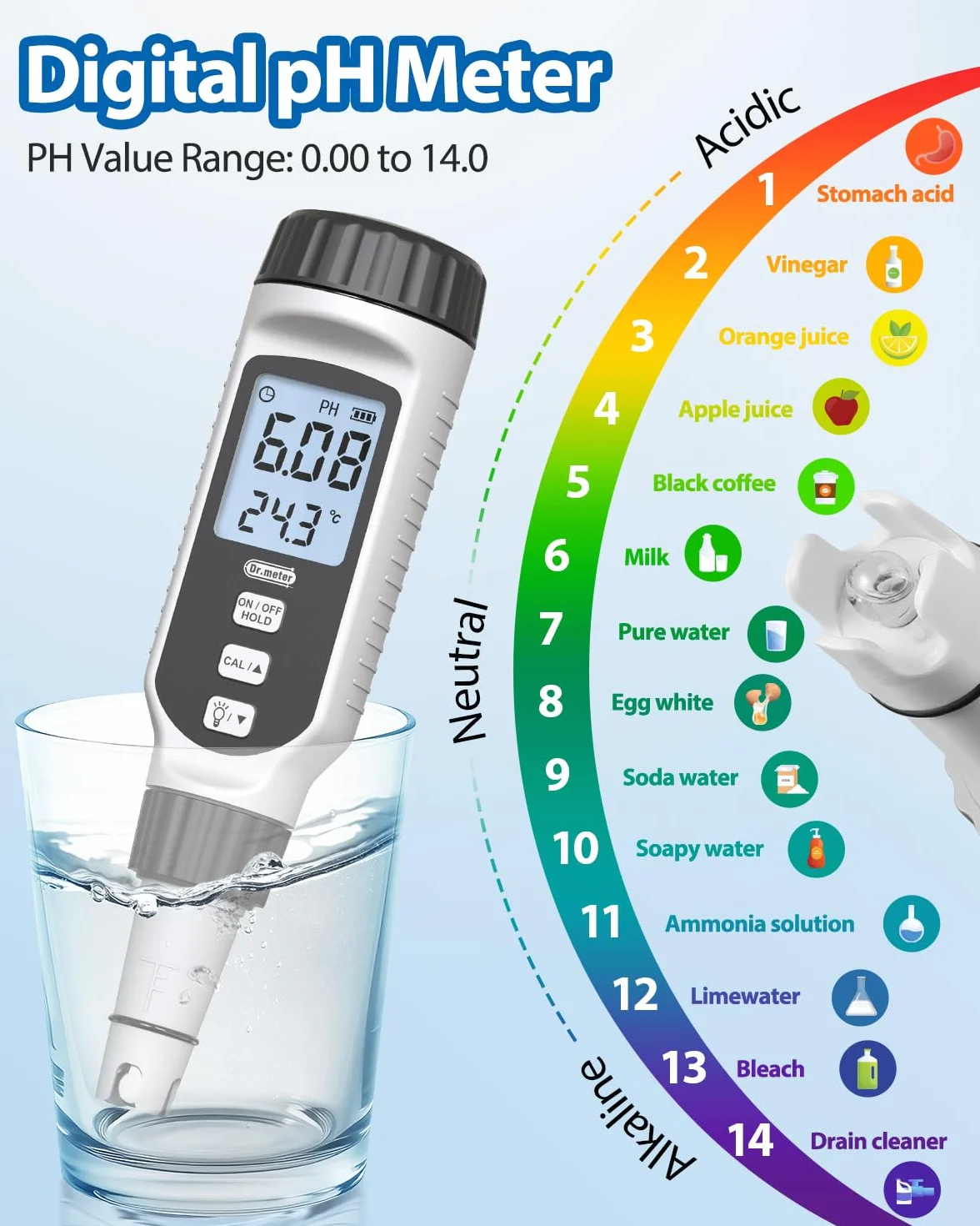 Dr.meter Miernik pH Wody 0.01 Wysokoprecyzyjny z Wyświetlaczem LCD i Automatyczną Kompensacją Temperatury