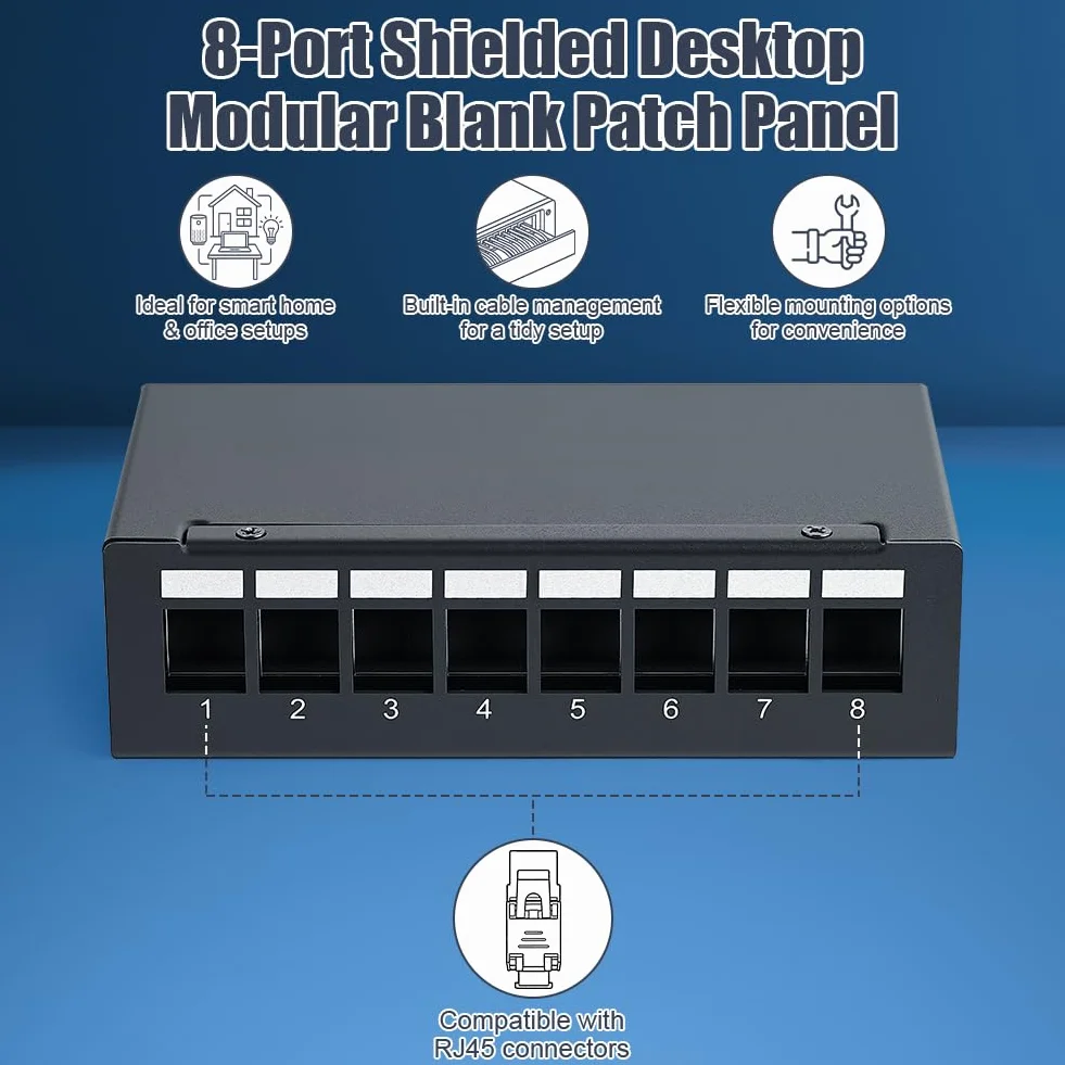 AXFEE Panel krosowy CAT 7, 8-portowy panel krosowy z modułem 8X RJ45 Keystone Jack Modul, zestaw paneli krosowych 10 Gb/s, panel krosowy kompatybilny z CAT6 CAT6a CAT7, kabel instalacyjny, kabel