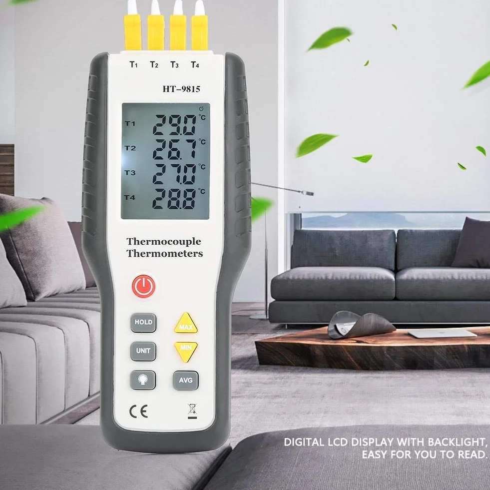 Akozon HT-9815 Cyfrowy termoparowy termometr 4 c Kanałowy czujnik typu K - 200 ° C ~ 1372 ° C