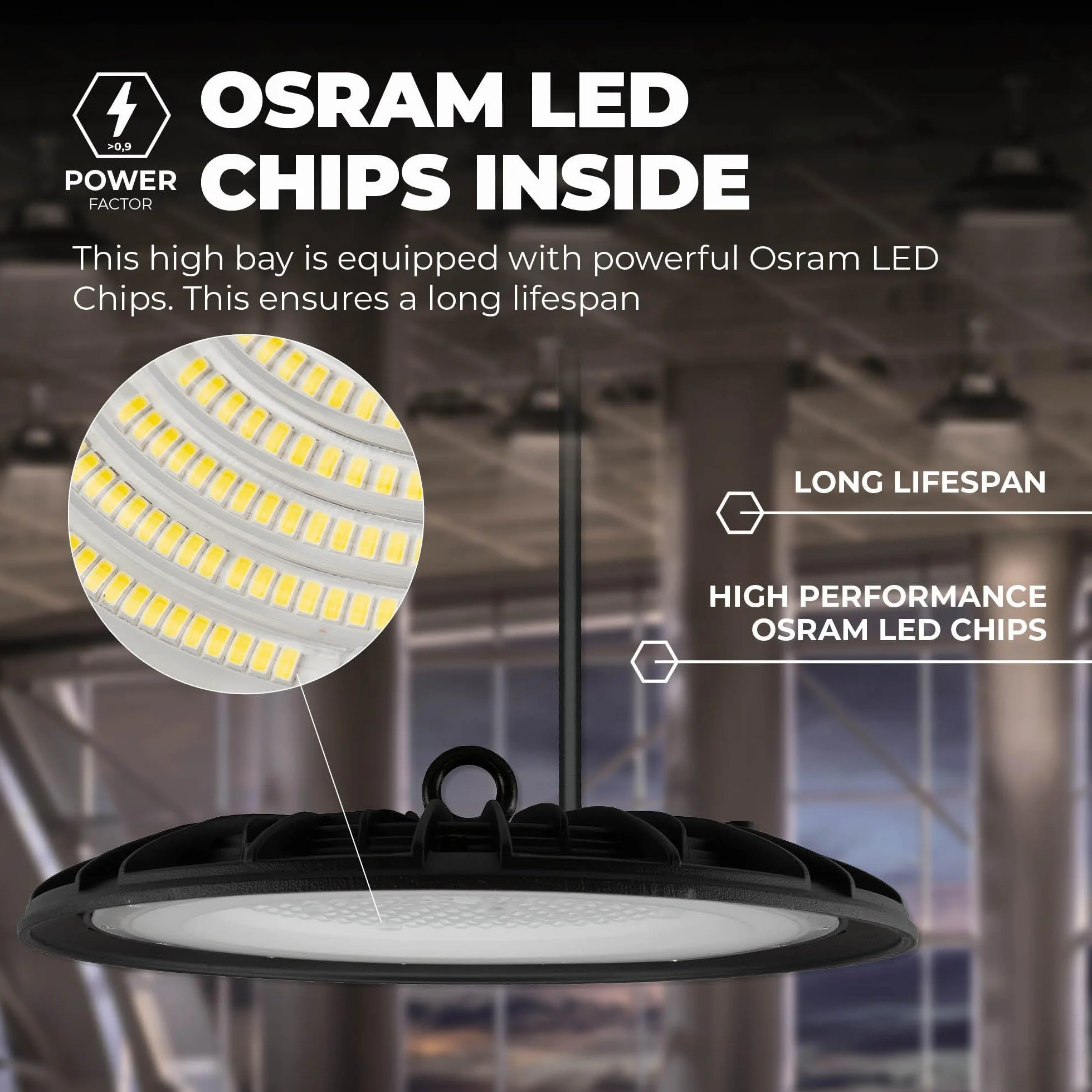 Ledvion Energooszczędny czujnik LED High Bay, 150 W, 110 lm/W, 22 000 lumenów, 3000 K, IP65, możliwość ściemniania, profesjonalna lampa UFO