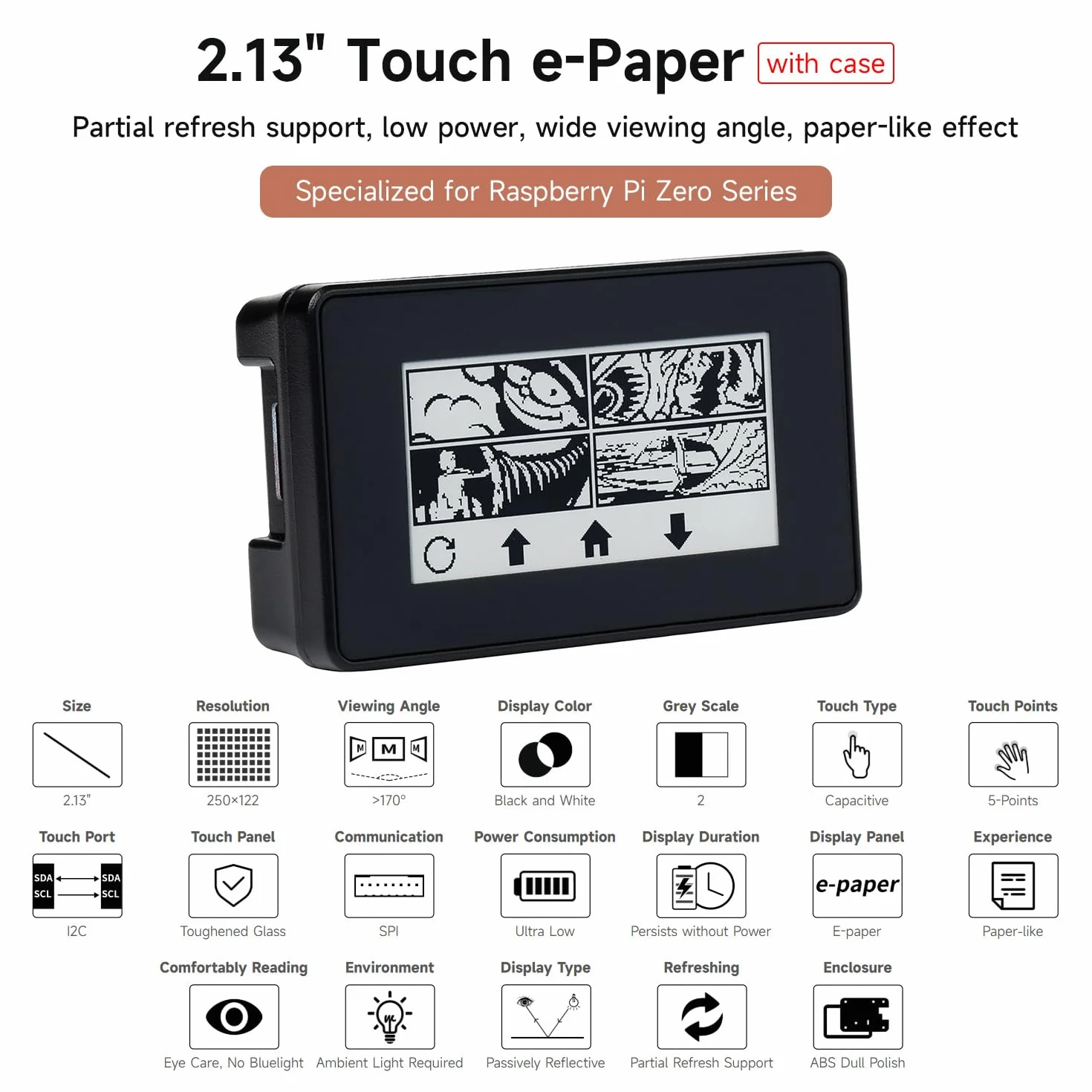 Waveshare 2.13inch Touch E-Paper E-Ink Display for Raspberry Pi Zero 250×122 Pixels Supports Partial Refresh with ABS Protection Case