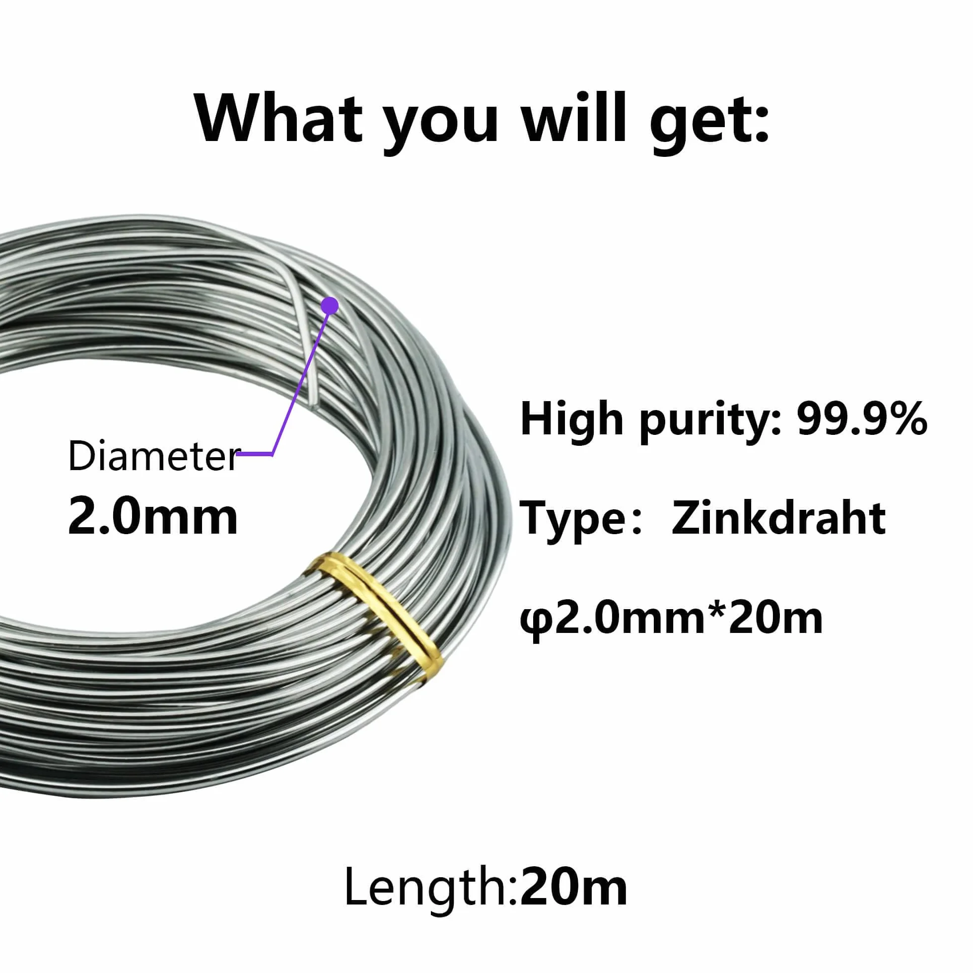 Drut cynkowy czysty 99,9% 2,0 mm 20 m do laboratorium