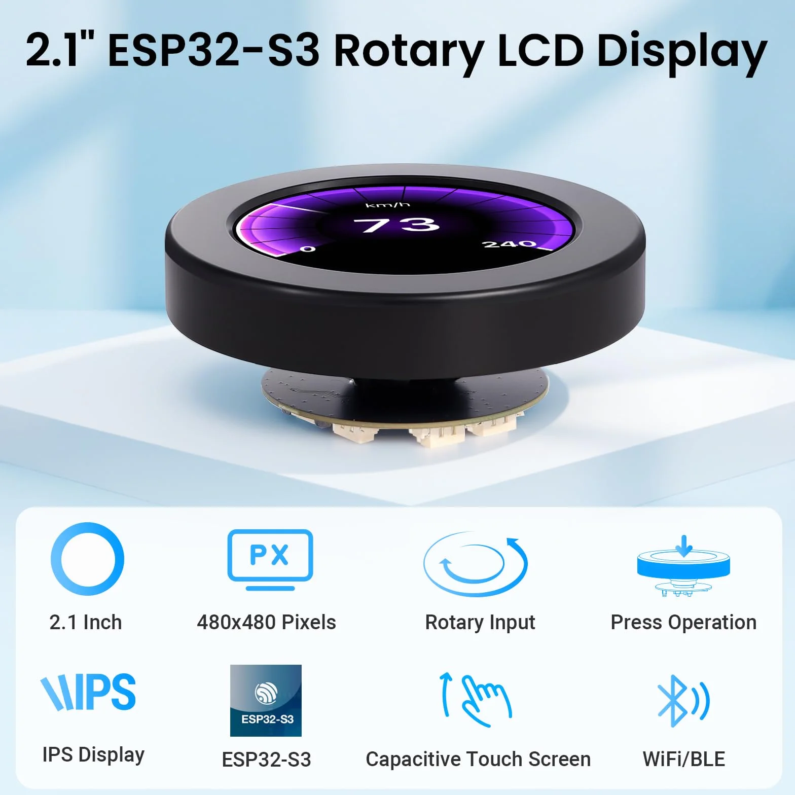 ELECROW ESP32 Obrotowy wyświetlacz 2,1 cala 480x480 IPS HMI z gałką, WiFi BLE, dotykowy, Arduino IDE LVGL, czarny