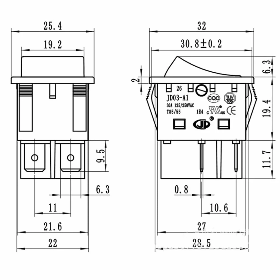 Przełącznik kołyskowy 4-pinowy 30A 125/250V AC ON OFF JD03-A1 do spawarki inwerterowej, opakowanie 2 szt