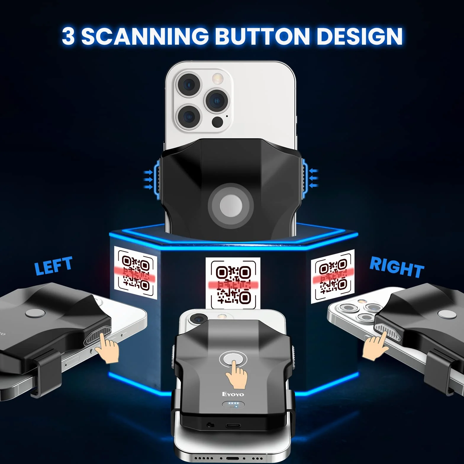 Eyoyo Skaner kodów kreskowych Bluetooth 1D, 2D, QR, klamra tylna, skaner ręczny 2,4 G, bezprzewodowy, 10 godzin pracy, czytnik kodów kreskowych z możliwością ponownego ładowania z iPhone'em, systemem Android, iOS