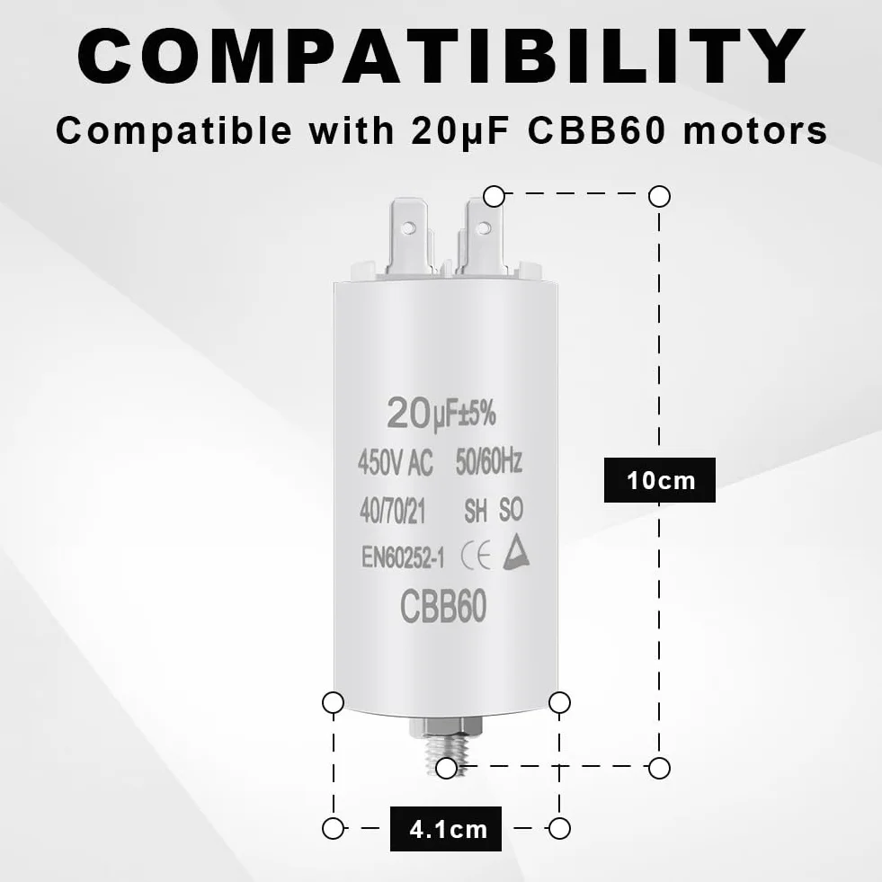OFFCUP CBB60 Kondensator rozruchowy, 20μF 450V Kondensator silnika Złącze 50/60 Hz do pompy basenowej klimatyzator silniki i wentylator 100 x 41 mm