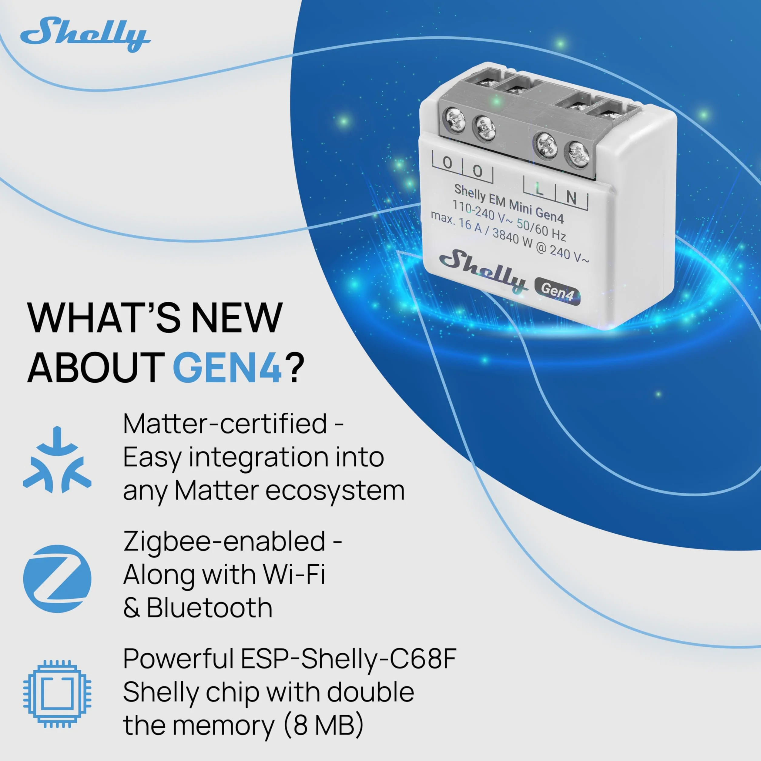Shelly EM Mini Gen4, inteligentny miernik energii zasilany przez Wi-Fi, do 16 A, Matter, Zigbee, amperomierz, woltomierz, pomiar mocy, zdalne sterowanie, automatyka domowa, nie wymaga koncentratora (2