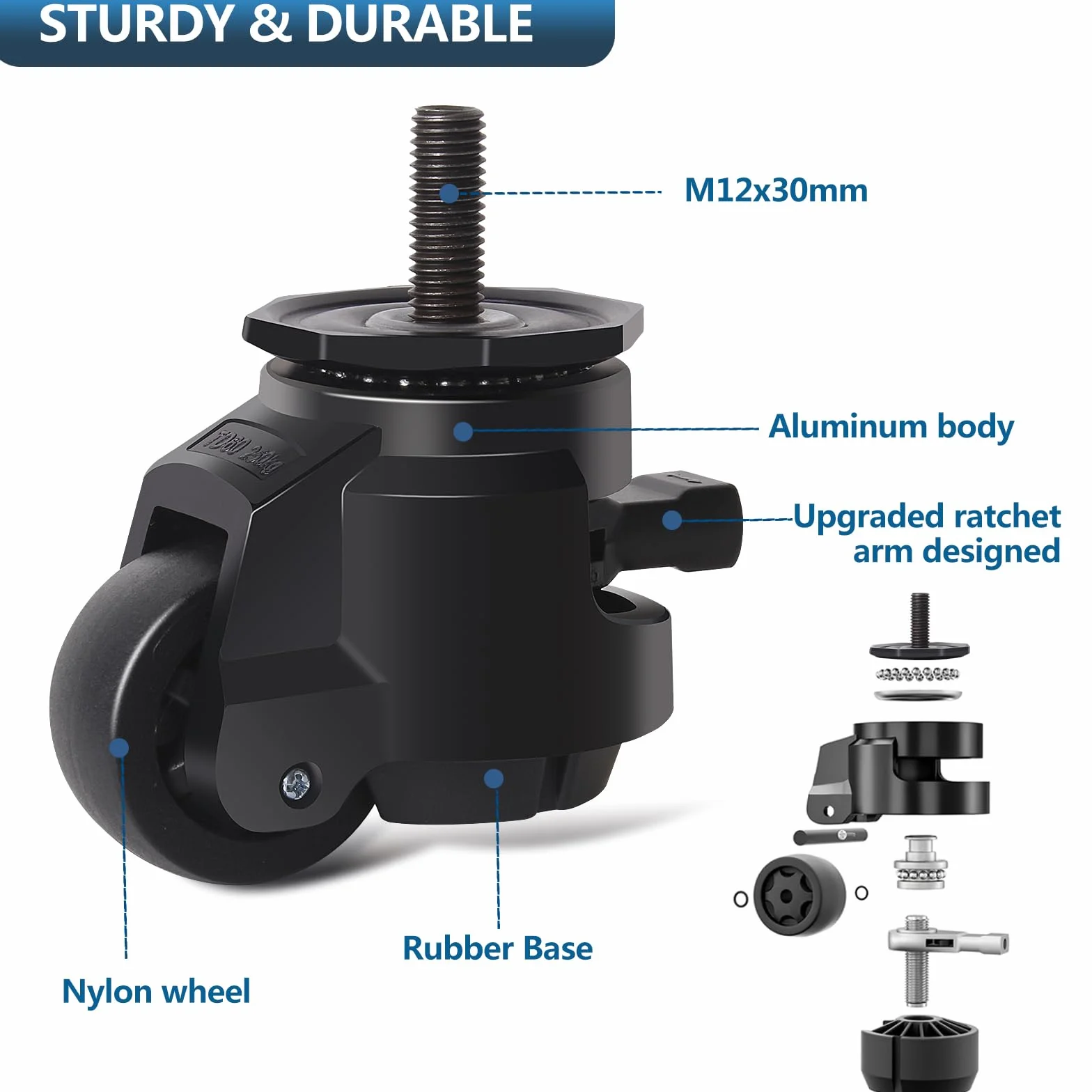 Rolki do dużych obciążeń M12 x 30 mm z regulowanym uchwytem zapadkowym, 4 kółka skrętne do 1000 kg, 50 mm, wysuwane kółka warsztatowe, kółka transportowe, kółka meblowe obracane o 360°, rolki