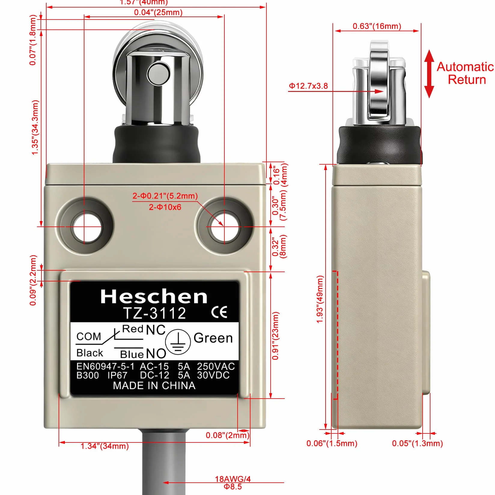 Heschen TZ-3112 wyłącznik krańcowy SPDT NO+NC AC 250V 5A IP67 wodoszczelny