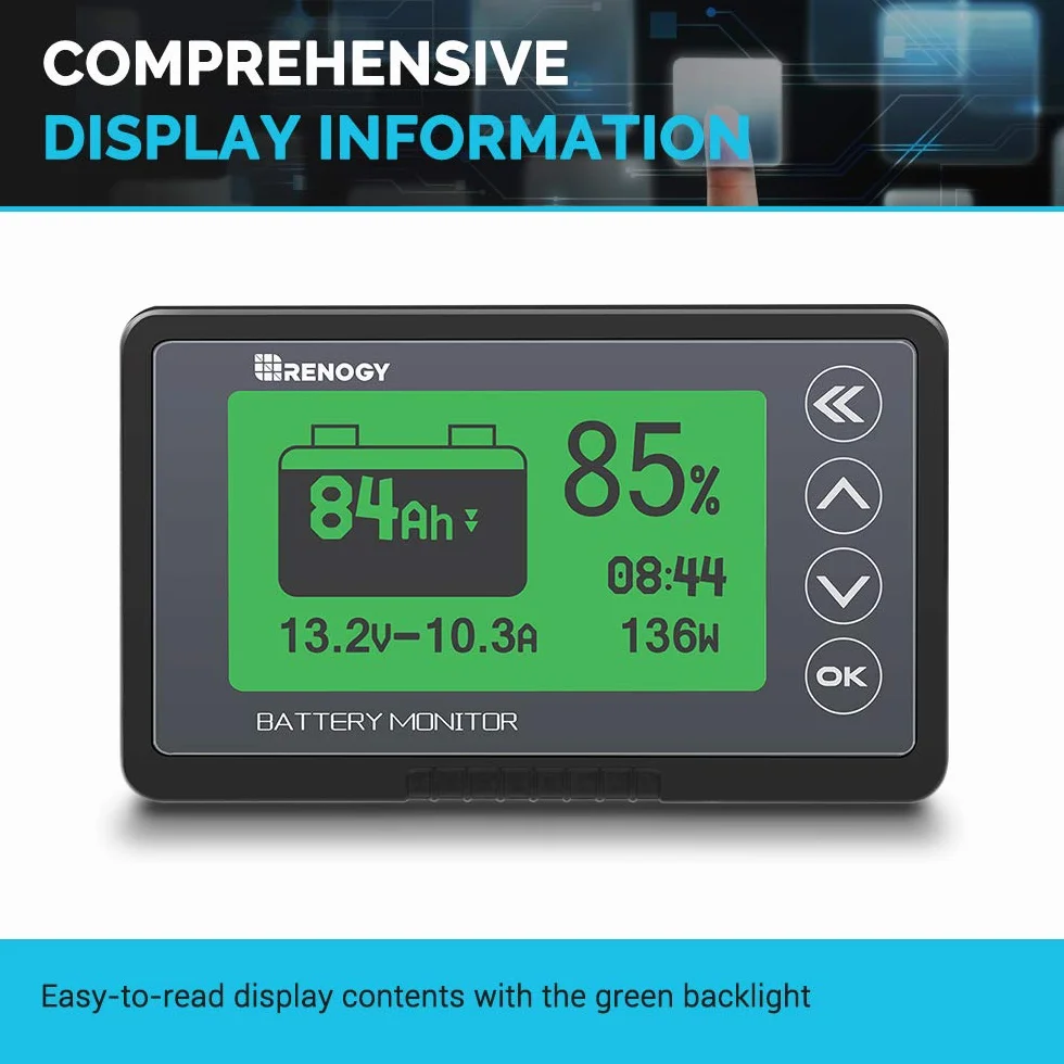 Renogy Czujnik baterii 500 A 12 V 24 V 36 V 48 V monitor baterii programowalny alarm napięcia LiFPO4 AGM żelowe