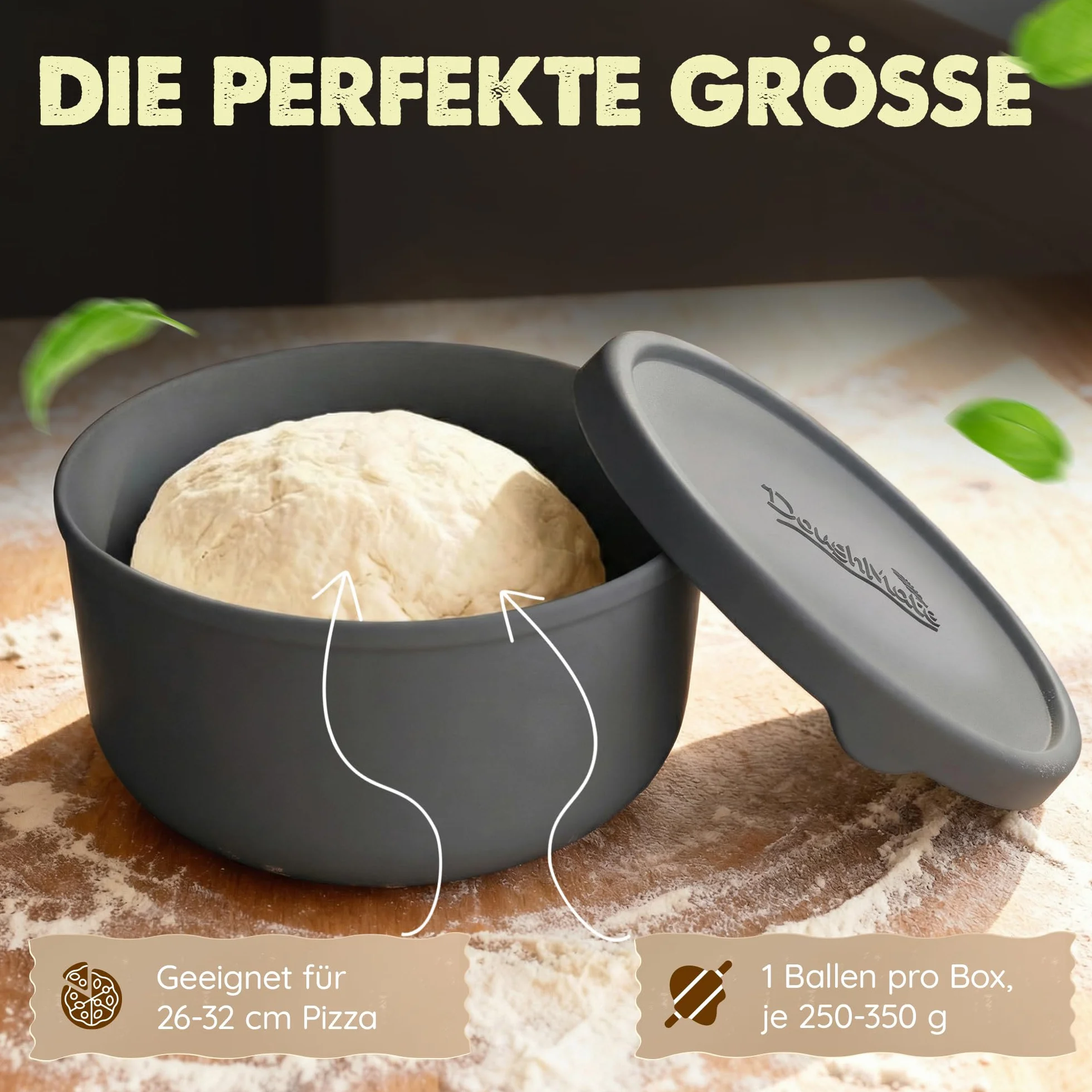 Pudełko na kulki do pizzy z pokrywką, 6 sztuk – idealne jako pudełko na pizzę, pudełko na ciasto, pudełko do fermentacji, do 350 g ciasta na pizzę, silikon zapobiegający przywieraniu, nadaje