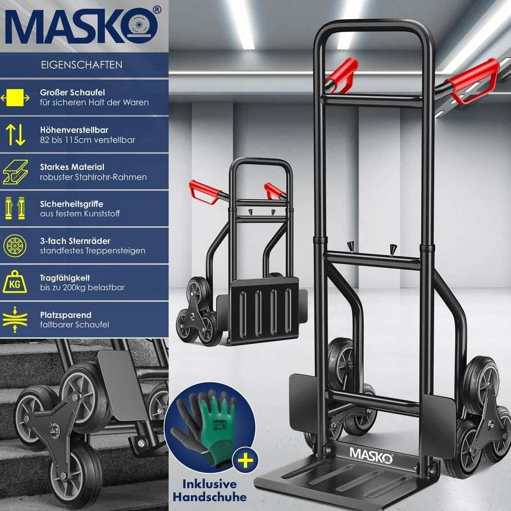 MASKO® Wózek transportowy 200 kg, wózek transportowy do wspinania się po schodach, składany wózek do transportu po schodach, opony z twardej gumy, uchwyty z tworzywa sztucznego, stalowa rama